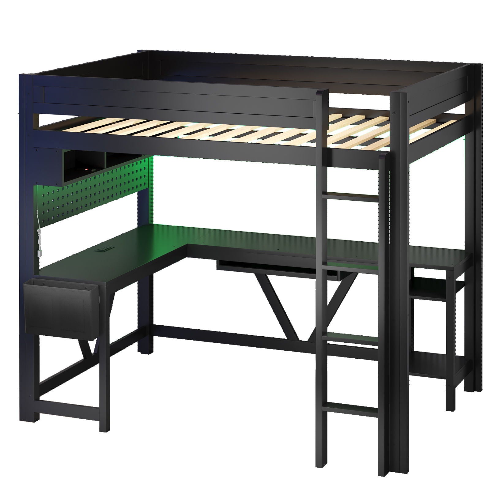 Gaming Loft Bed With Desk, Storage Shelves, LED And Charging Station