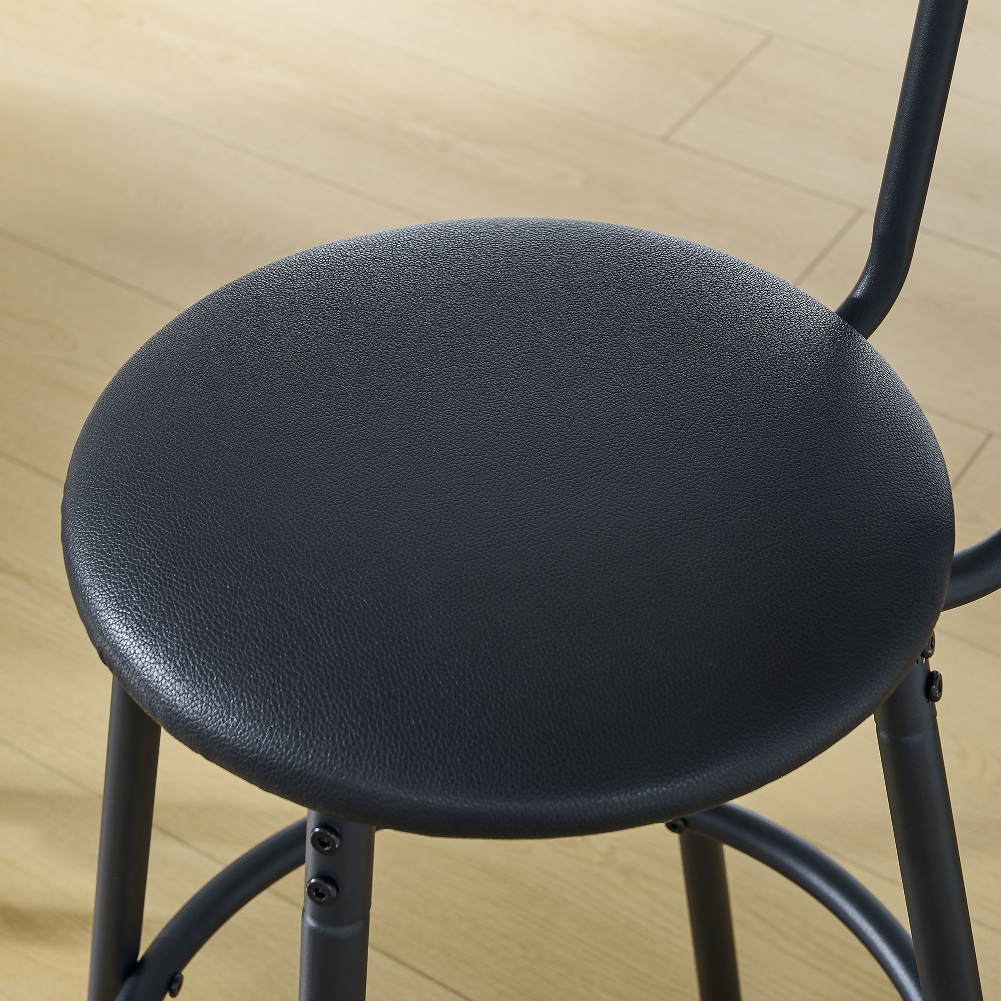 Rustic Brown Round Bar Table And Stool Set With Shelf, Upholstered Stool With Backrest - Antique Brown