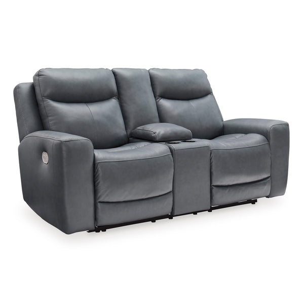 Signature Design by Ashley Mindanao Power Reclining Leather Match Loveseat with Console U5950418 IMAGE 1