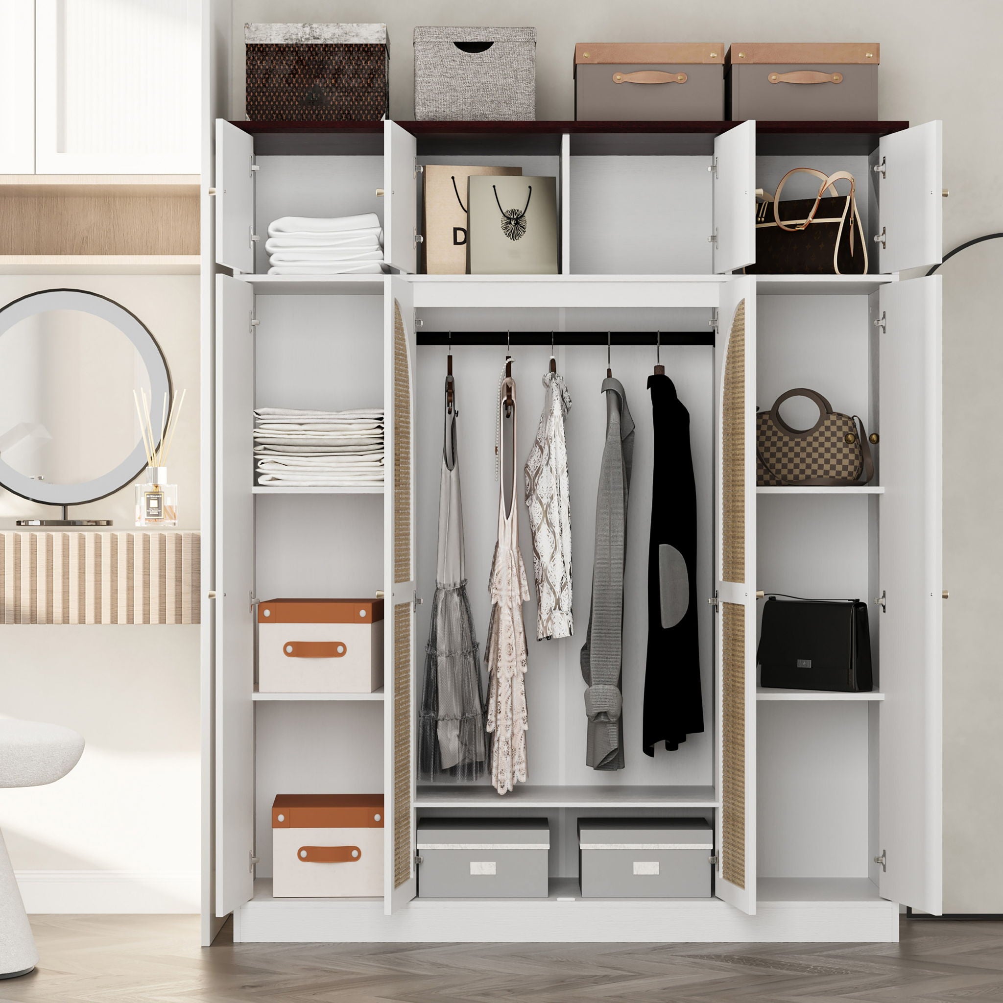 8 Door Armoire Wardrobe With Adjustable Shelves And Hanging Rod