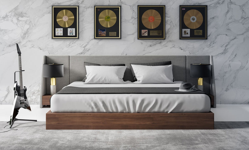 Nova Domus Janice - Modern Grey Fabric and Walnut Bed and Nightstands