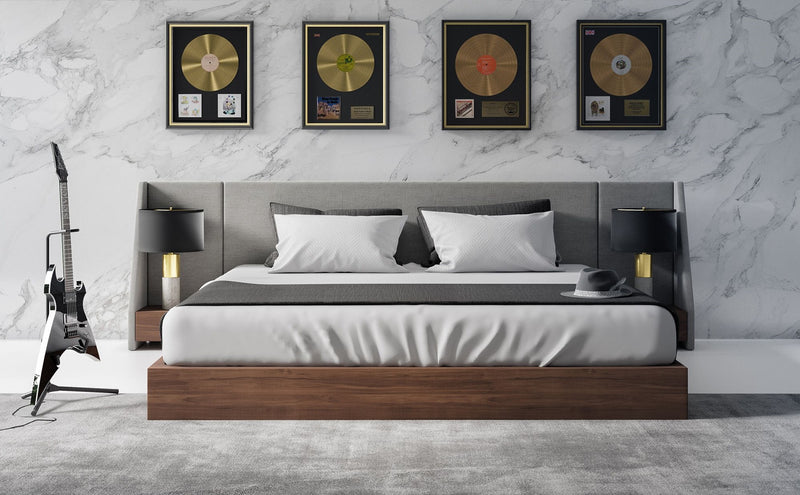 Nova Domus Janice - Modern Grey Fabric and Walnut Bed and Nightstands