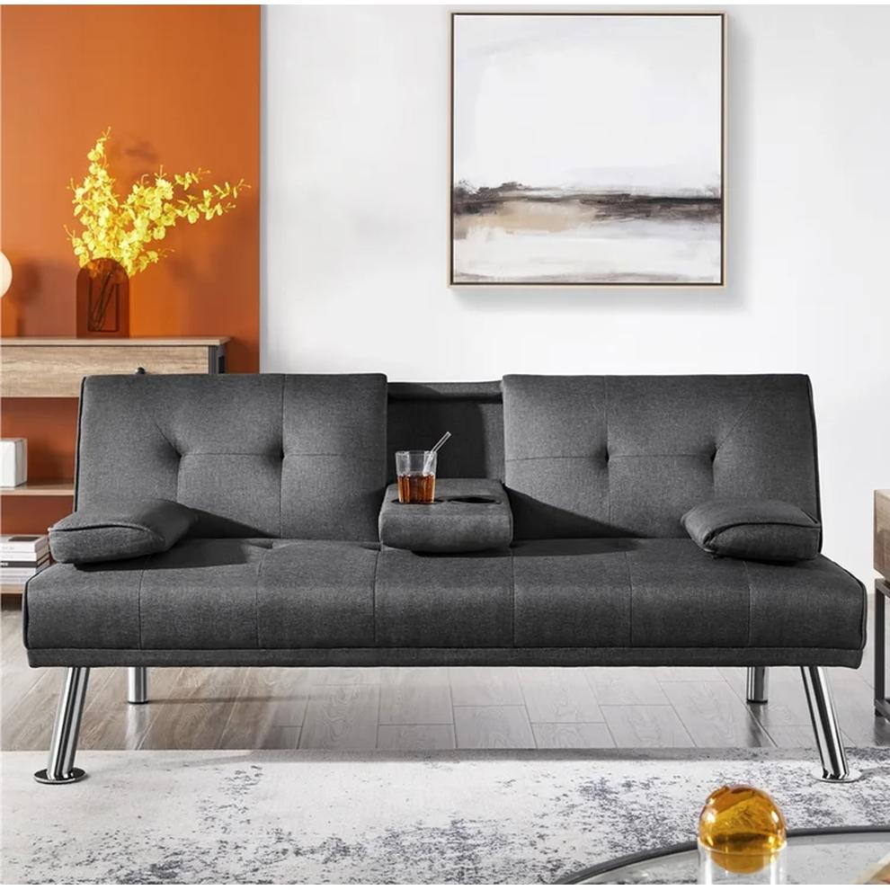 Happy Homes Chelsea Futon Chelsea Futon with Drop Down Cup Holder - Grey IMAGE 2