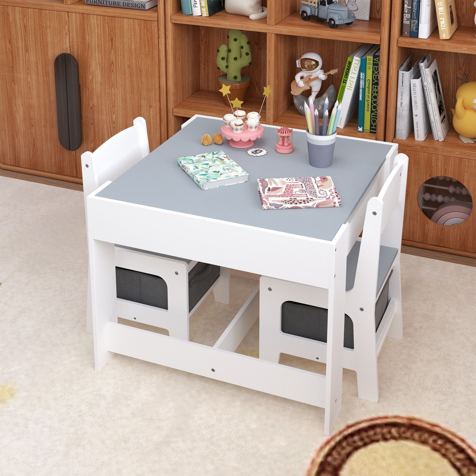 Kids Table And Chair Set, 3 In 1 Activity Table With Storage Drawer For Toddlers Drawing, Reading, Crafts, 2 In 1 Detachable Top - White