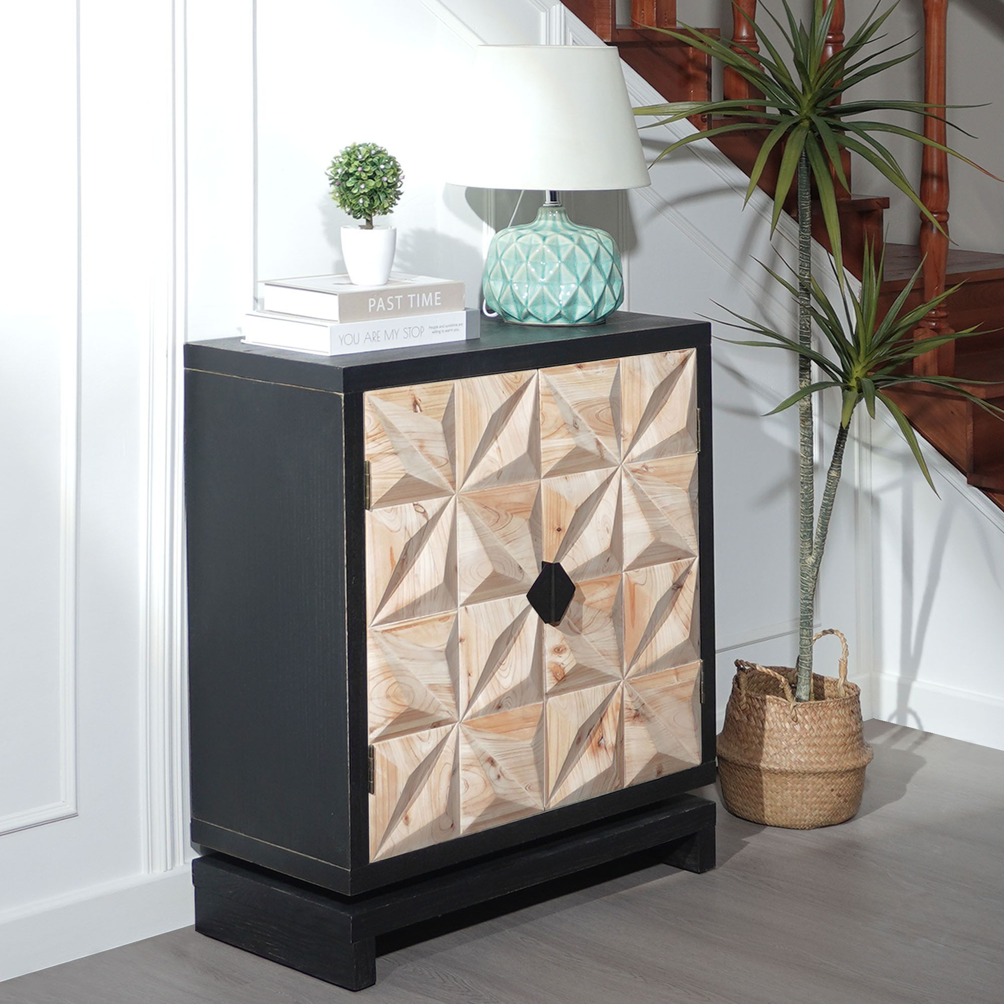 2 Door Accent Storage Cabinet With Diamond Handle - Black / Natural