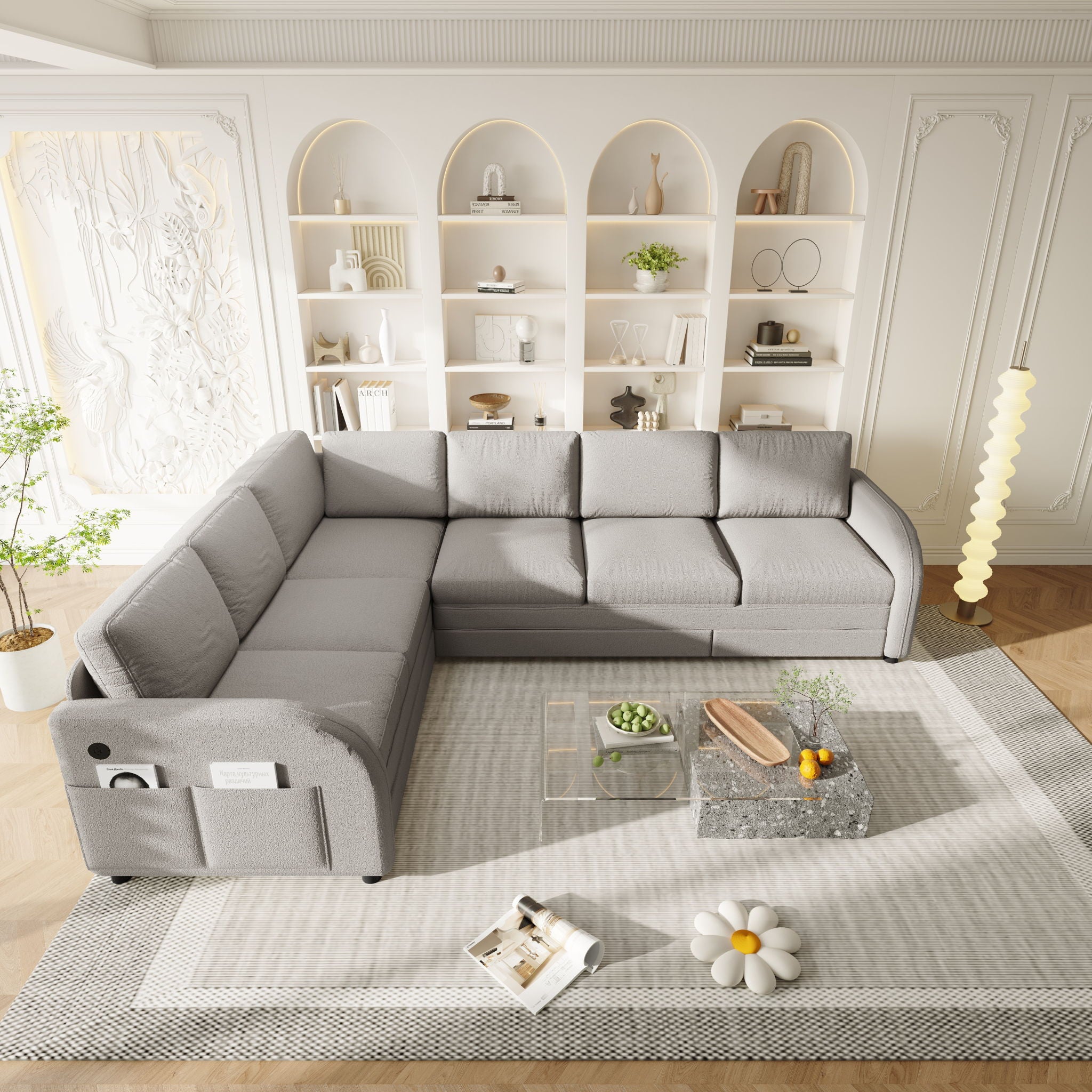 L-Shaped Couch With Pull-Out Bed, Convertible Sleeper Sofa With Side Pocket & USB Port