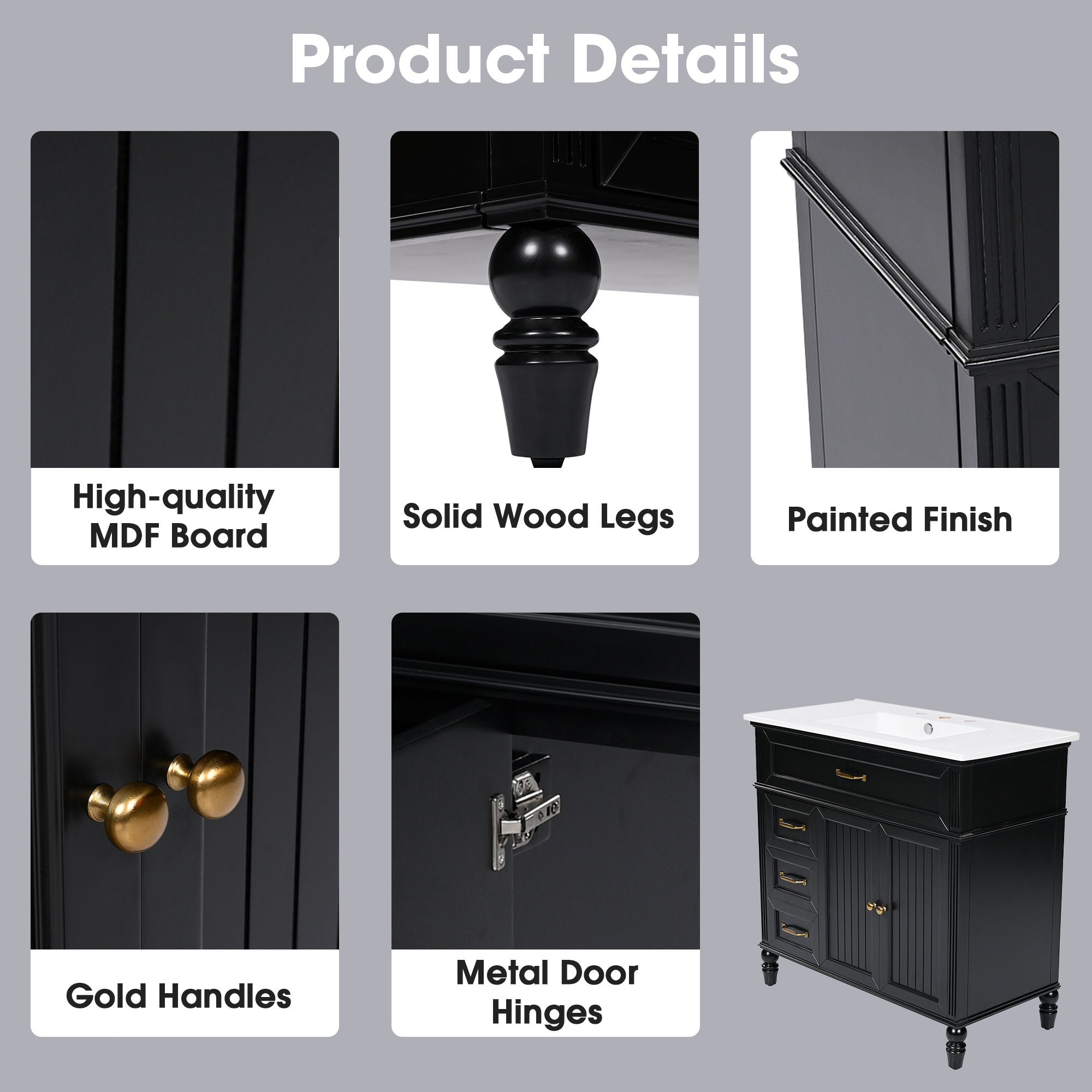 Bathroom Vanity With Sink, 2 Doors 2 Drawers, Freestanding Design