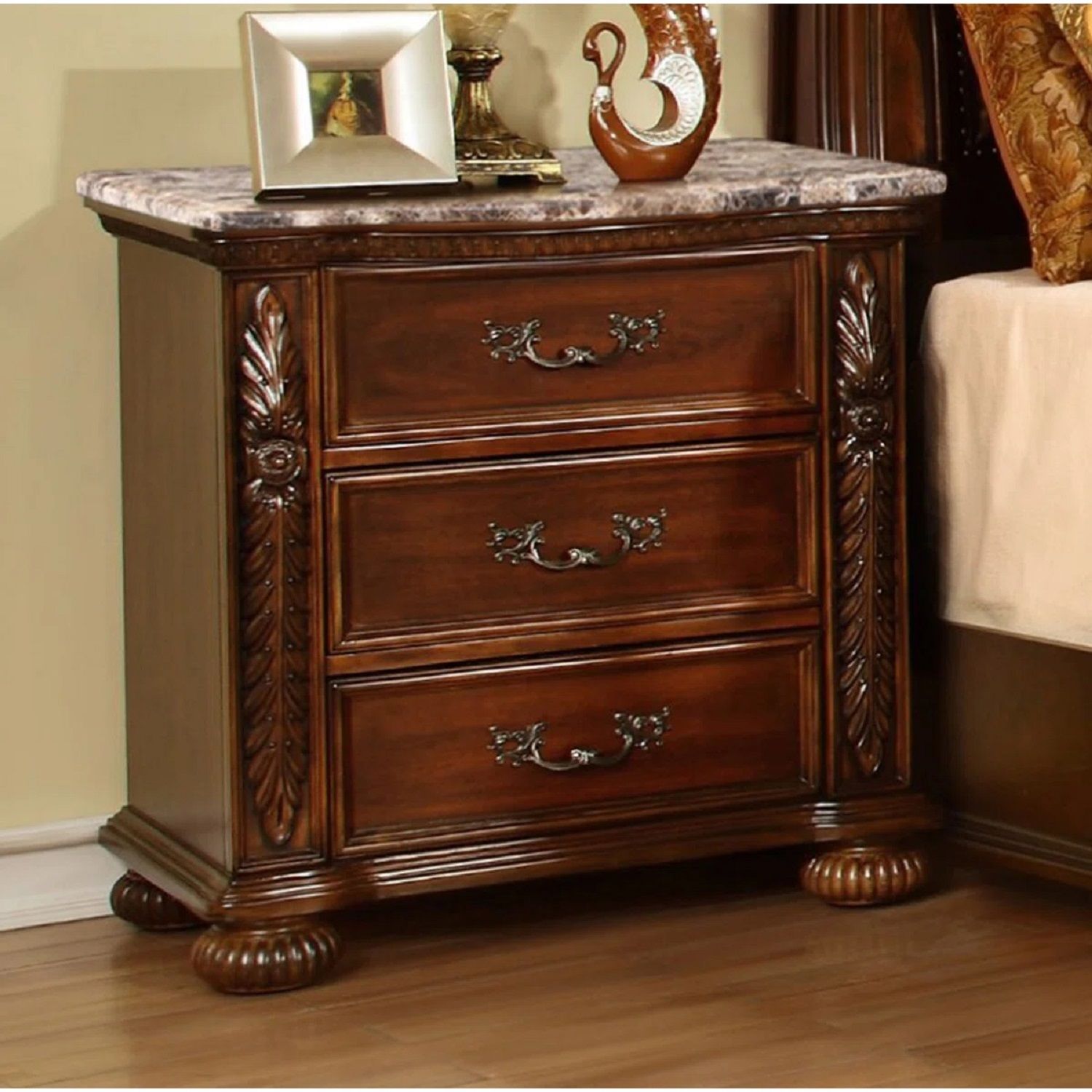3 Drawer Nightstand, Bedside Table Hand Carved Storage For Bedroom - Cherry