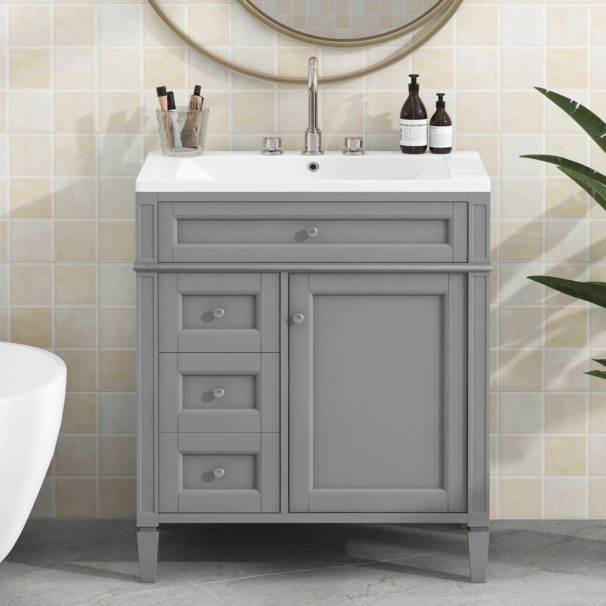 Bathroom Vanity With Top Sink, 2 Drawers And Tip Out Drawer, Rectangular Design