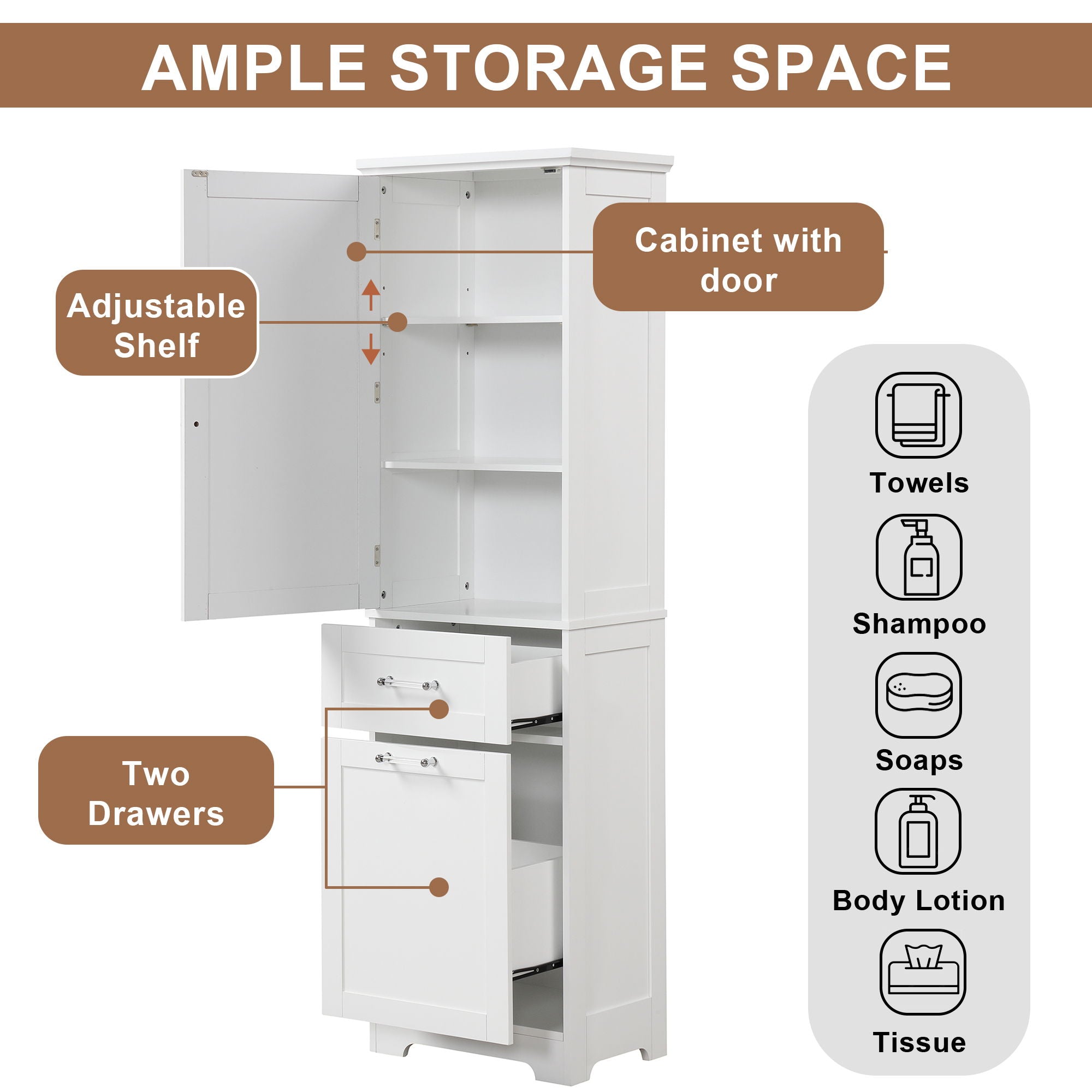 Tall Freestanding Bathroom Storage Cabinet With Adjustable Shelf And 2 Drawers