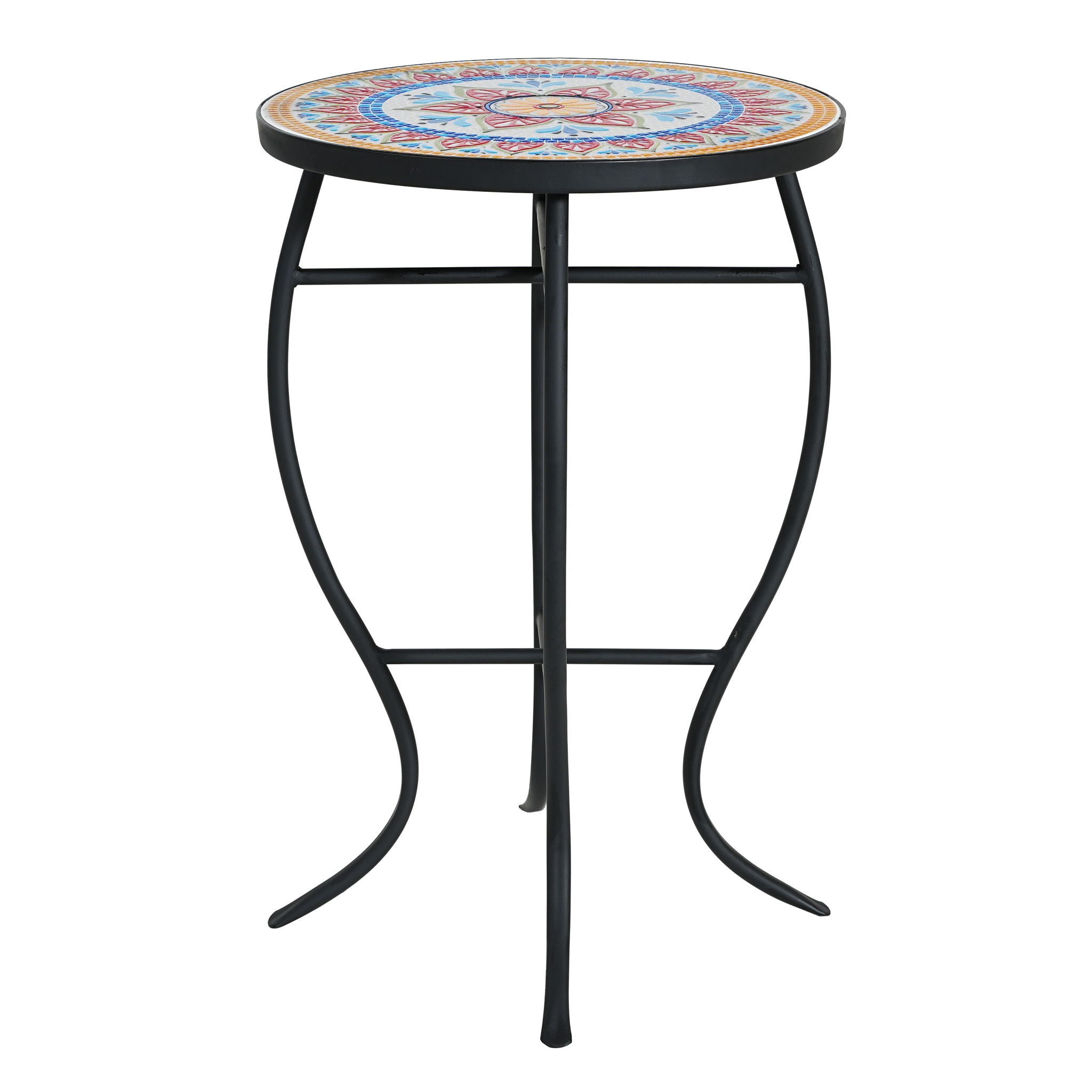 Outdoor Round Side Table With Mosaic Style Top And Curved Iron Legs