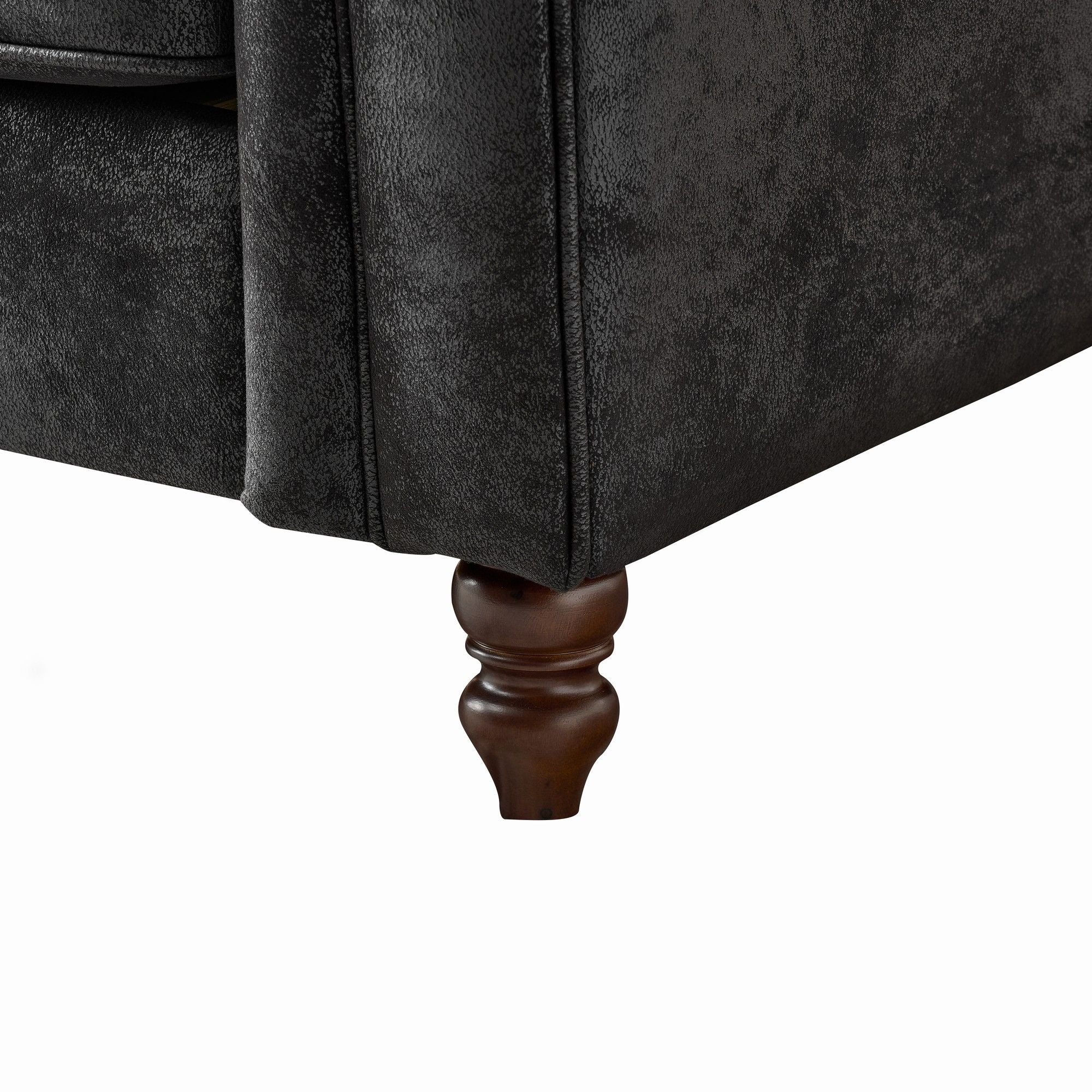 Chesterfield Sofa, High Tech Fabric Roll Armrest, 3 Seater Mid Century Modern Couch - Black
