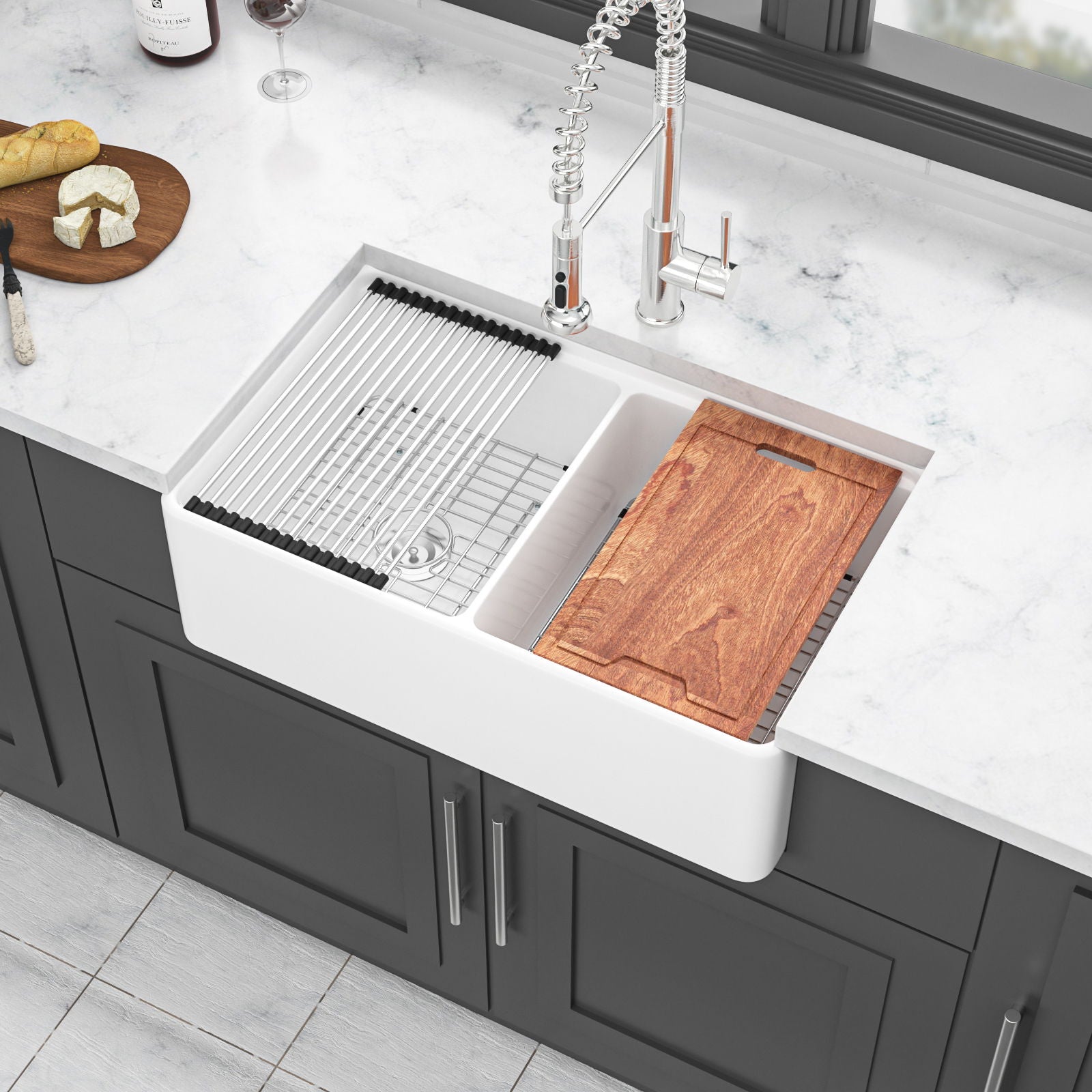 Double Bowl Sink Workstation 33" With Built In Work Surface And Accessories - White