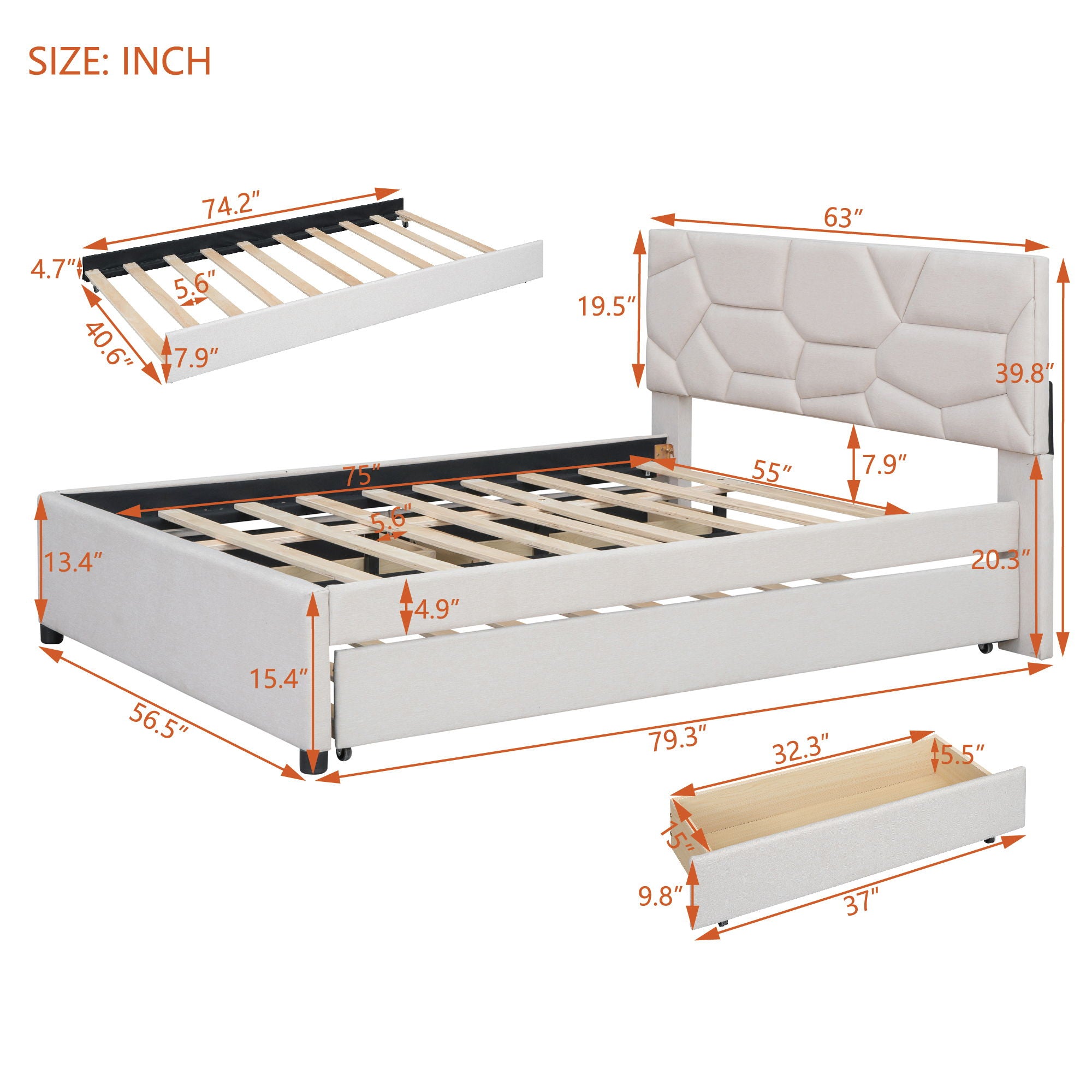Upholstered Platform Bed With Brick Pattern Headboard And Twin Long Size Trundle