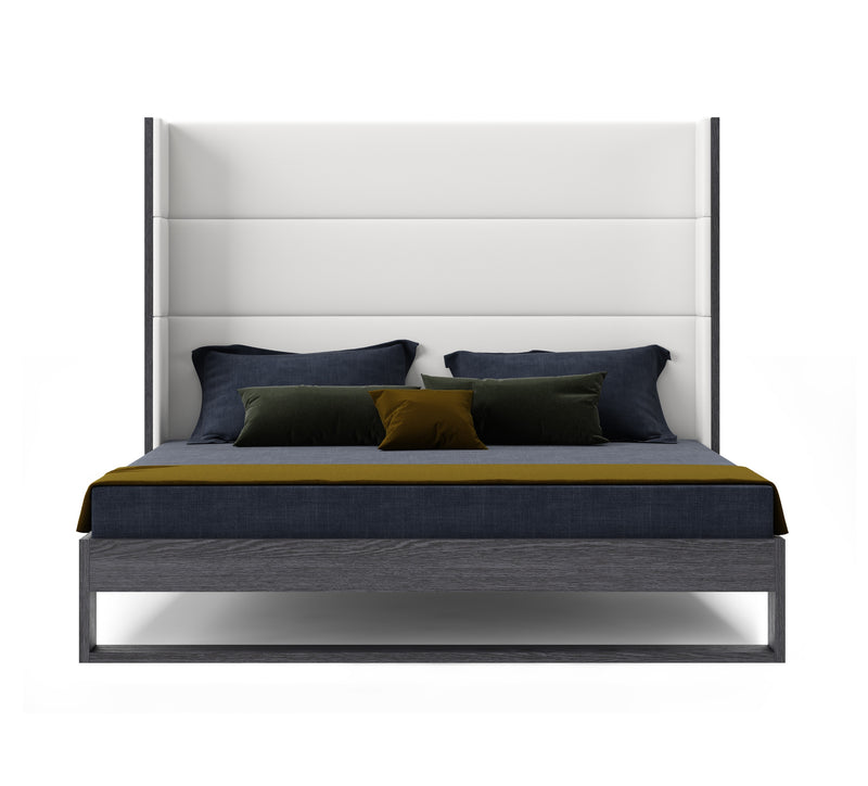 Modrest Heloise - Contemporary White Leather & Grey Elm Trim Bed