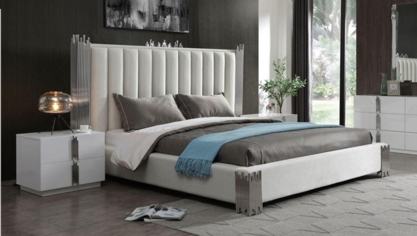 Modrest Token - Modern White + Stainless Steel Bed + Nightstands