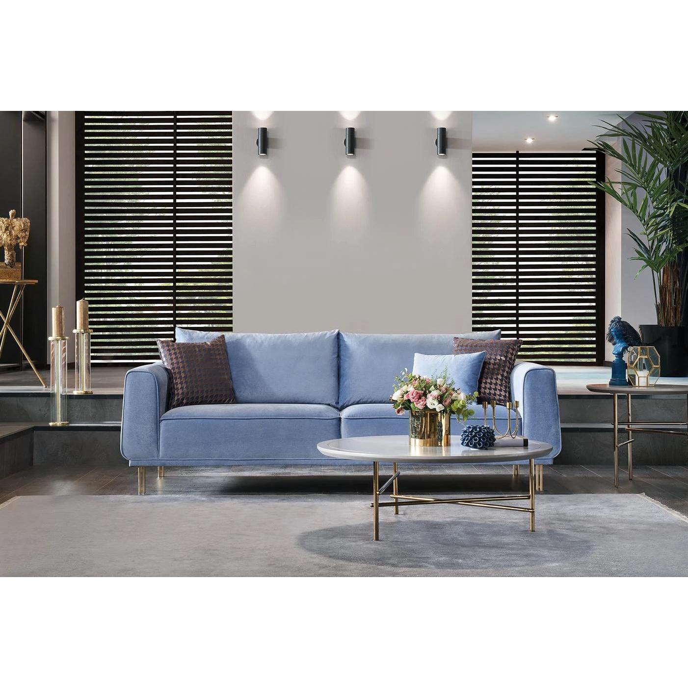 Enza Home Sofas Stationary Merida 3-Seater Sofa - Blue/Gold IMAGE 3