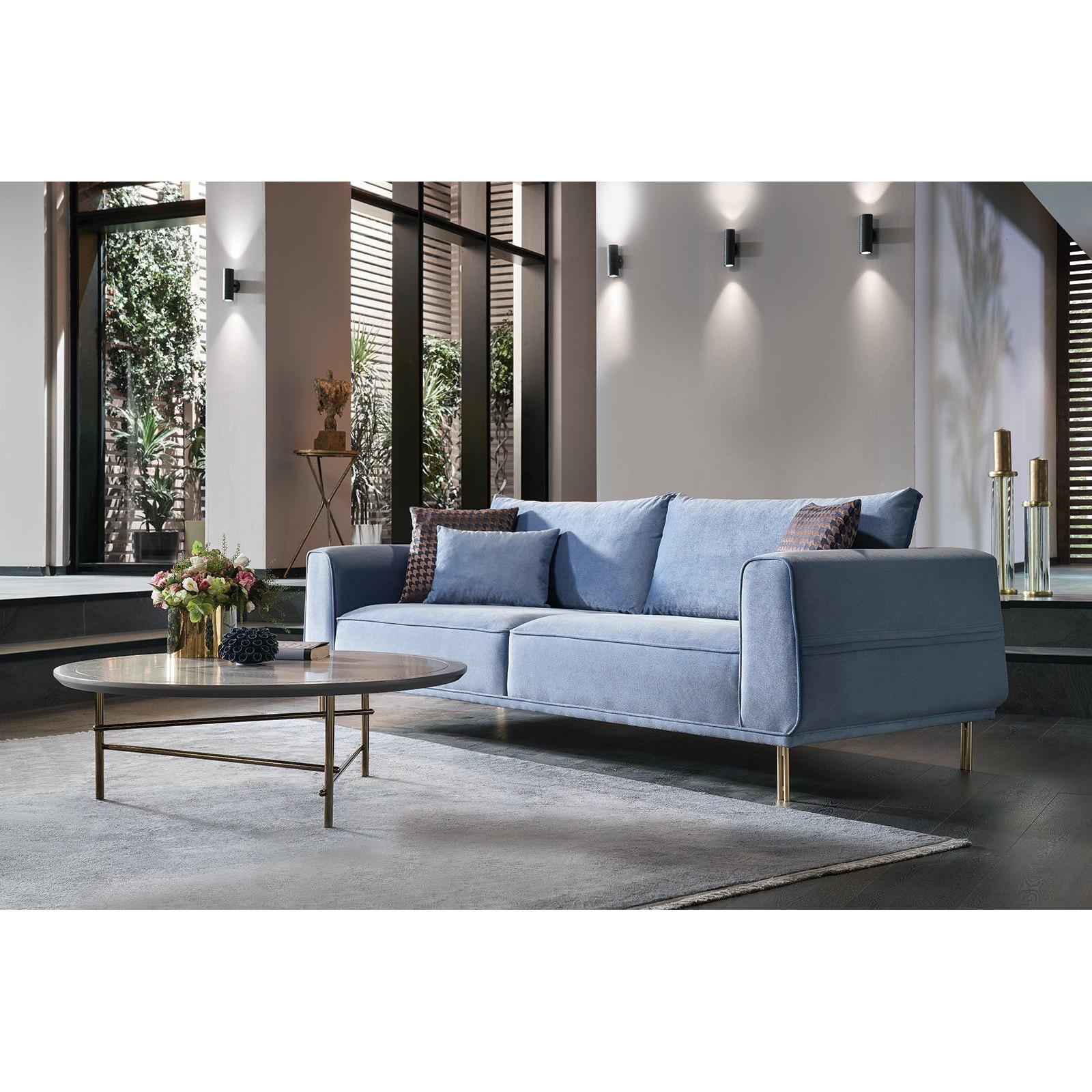 Enza Home Sofas Stationary Merida 3-Seater Sofa - Blue/Gold IMAGE 5