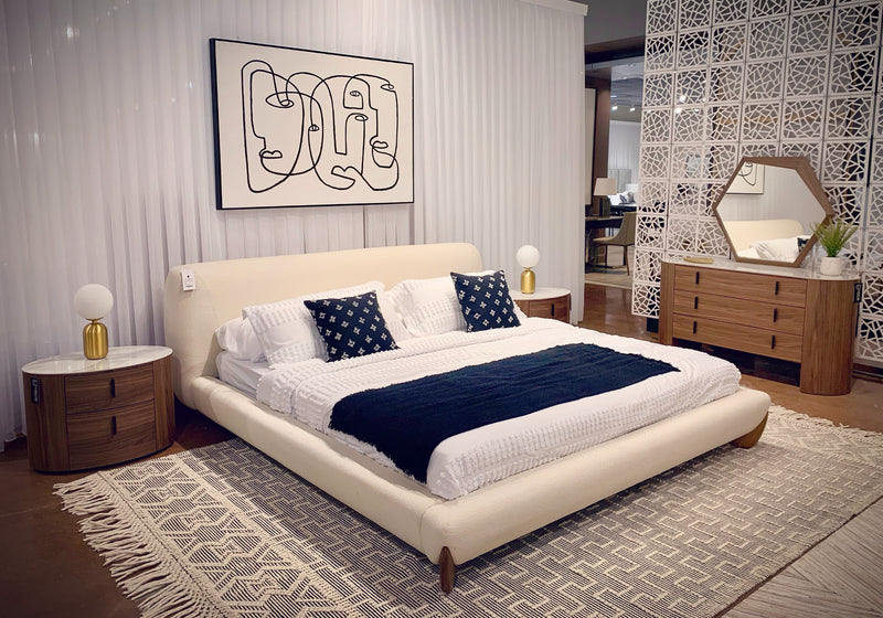 Modrest Fleury - Contemporary Cream Fabric and Walnut  Bed