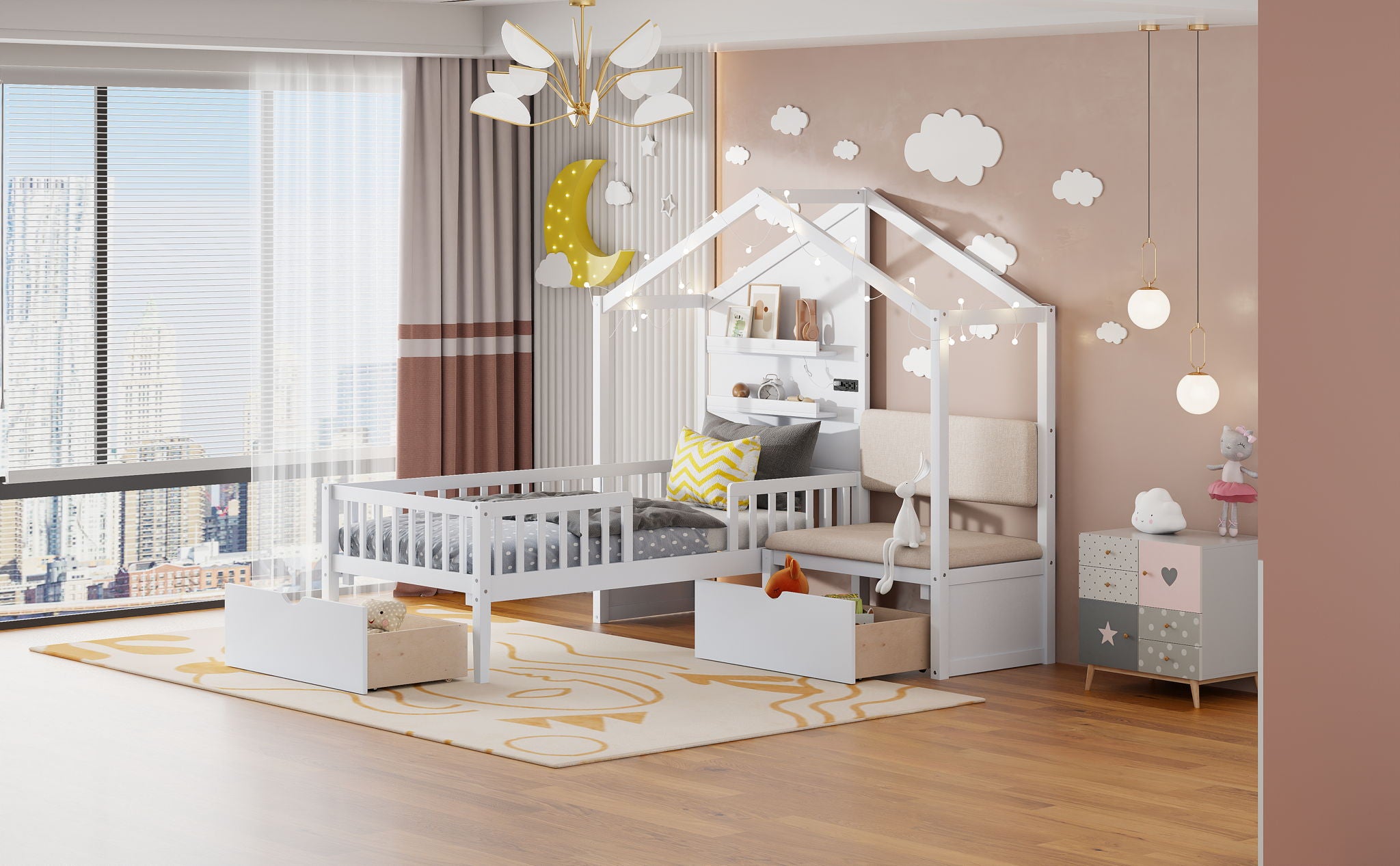 House Bed With Upholstered Sofa, Wireless Charging Station, Shelves And 2 Drawers