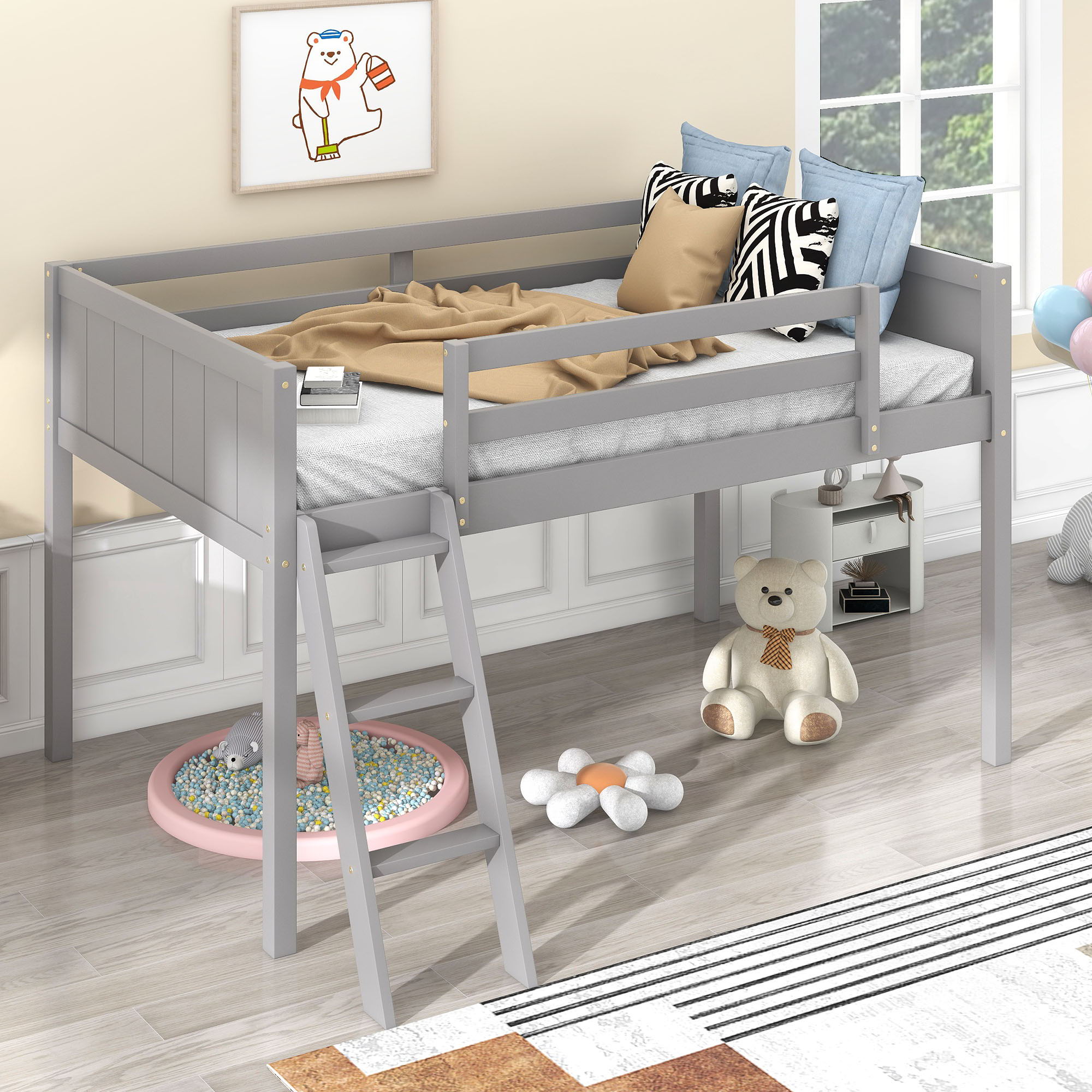 Low Loft Bed With Adjustable Ladder