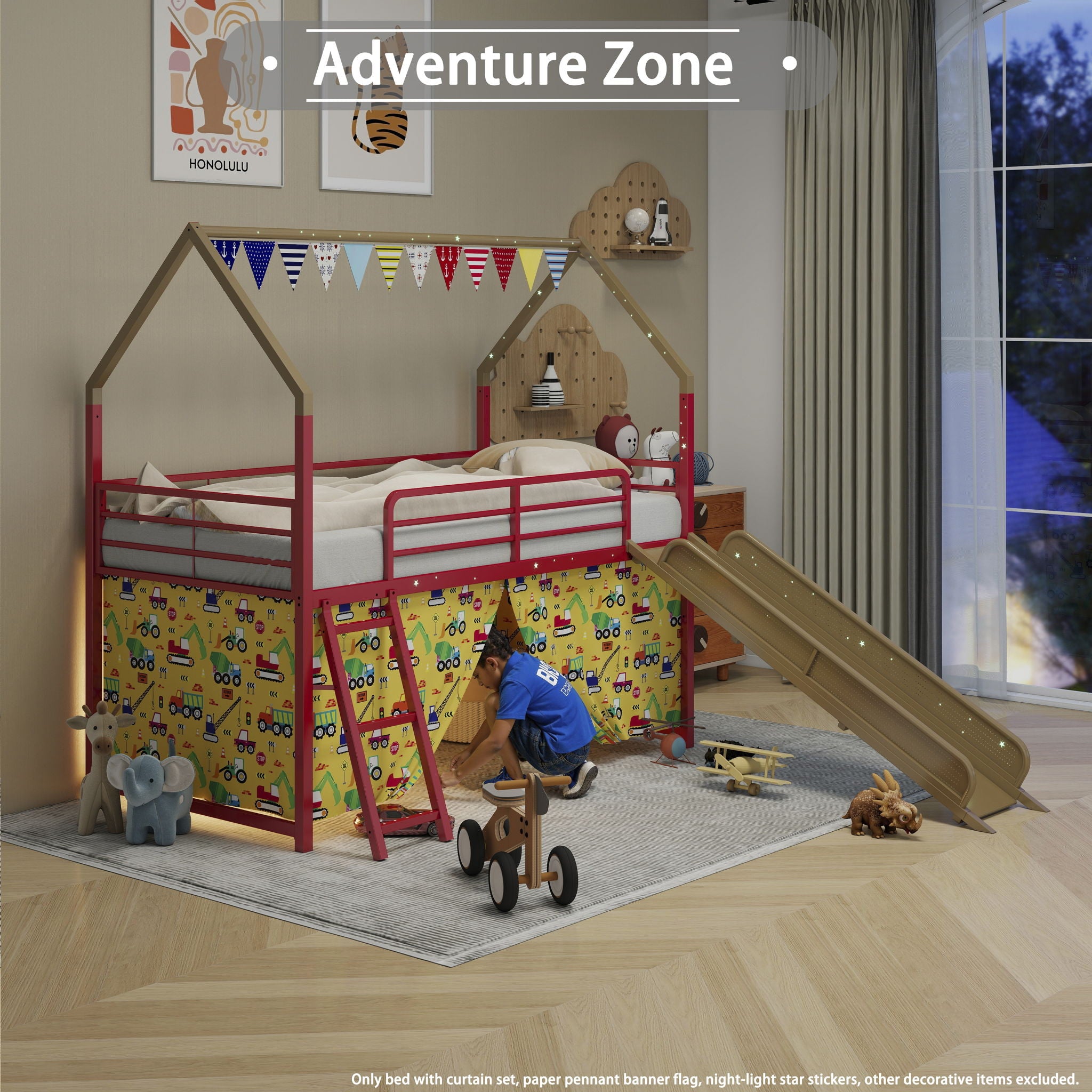 Jack - House Loft Bed With Slide And Curtain Set