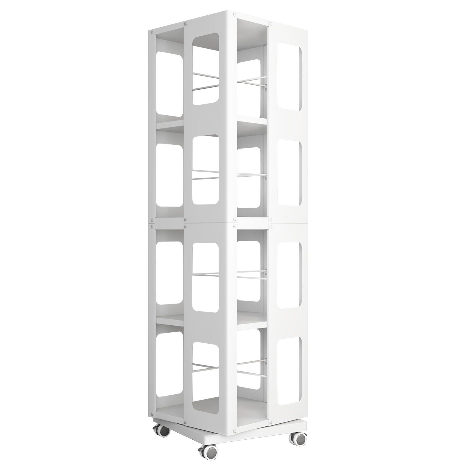 4 Tier All Steel Rotating Bookshelf With 360° Wheels, Large Size Sturdy & Spacious Book Rack, New Style Bookshelf - White