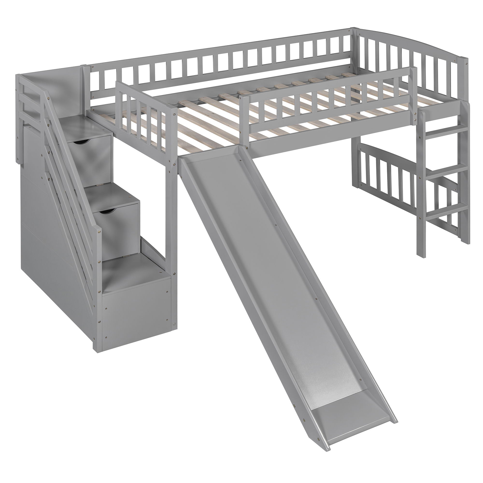 Loft Stairway Bed With 2 Drawers, Convertible Ladder And Slide