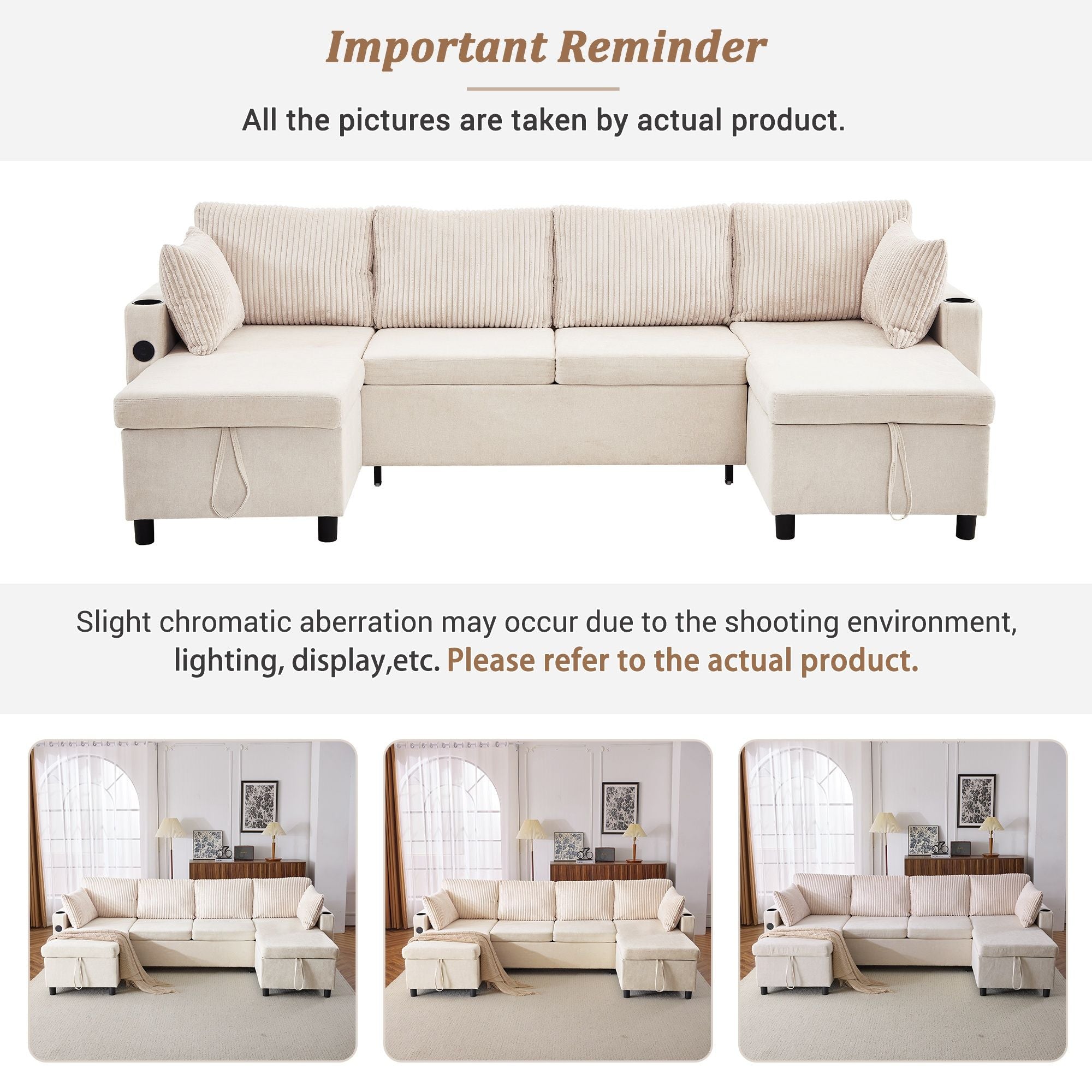 Sectional Sofa Bed With Pull Out Sleeper, USB Ports, Cup Holders
