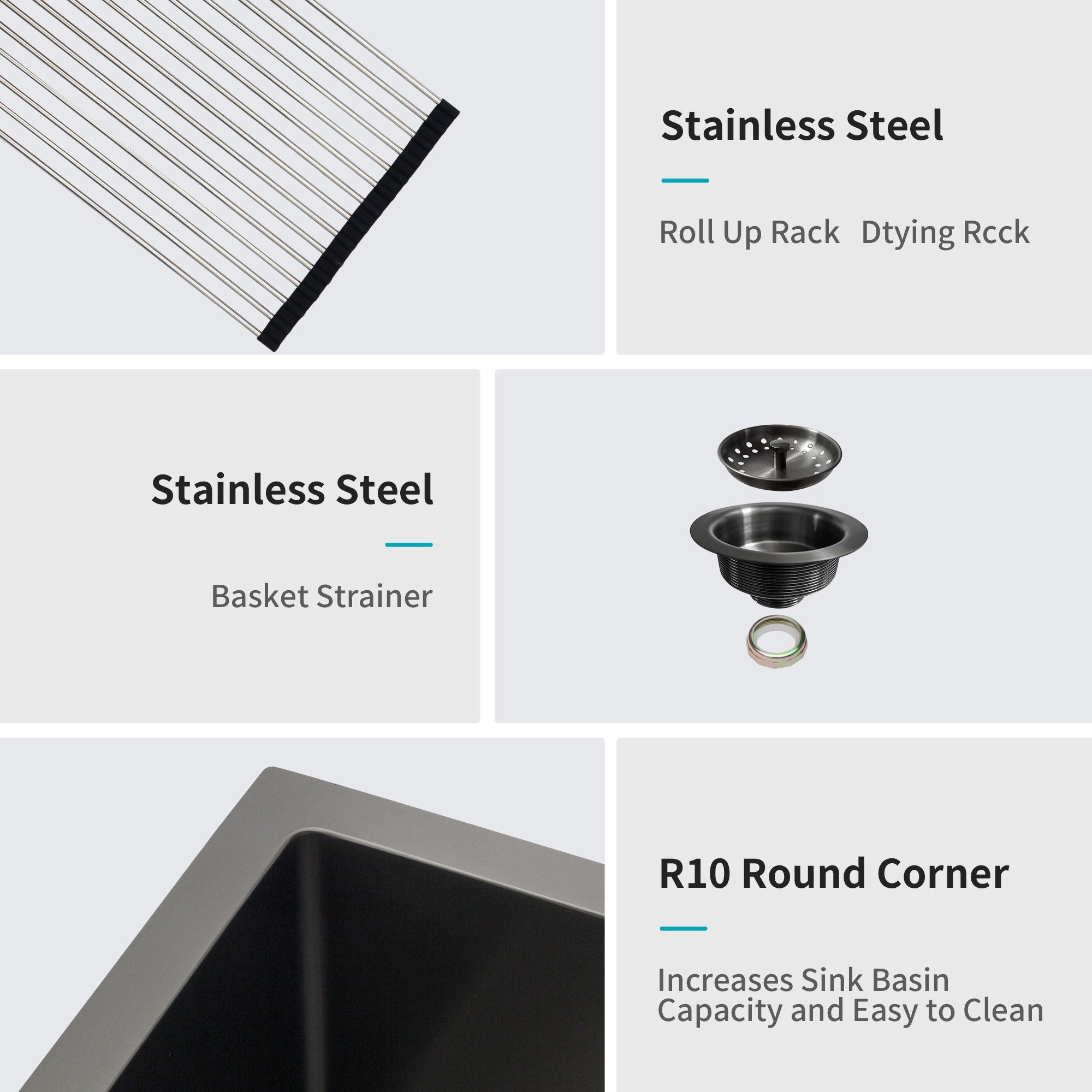 Workstation Kitchen Sink 30" X 18" X 10" Single Bowl Undermount 16 Gauge - Gunmetal Black