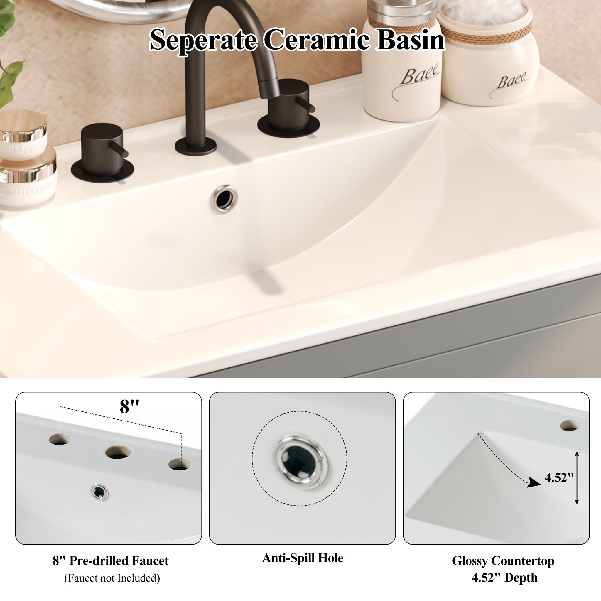 Freestanding Bathroom Vanity With Ceramic Sink, 2 Full Extension Drawers