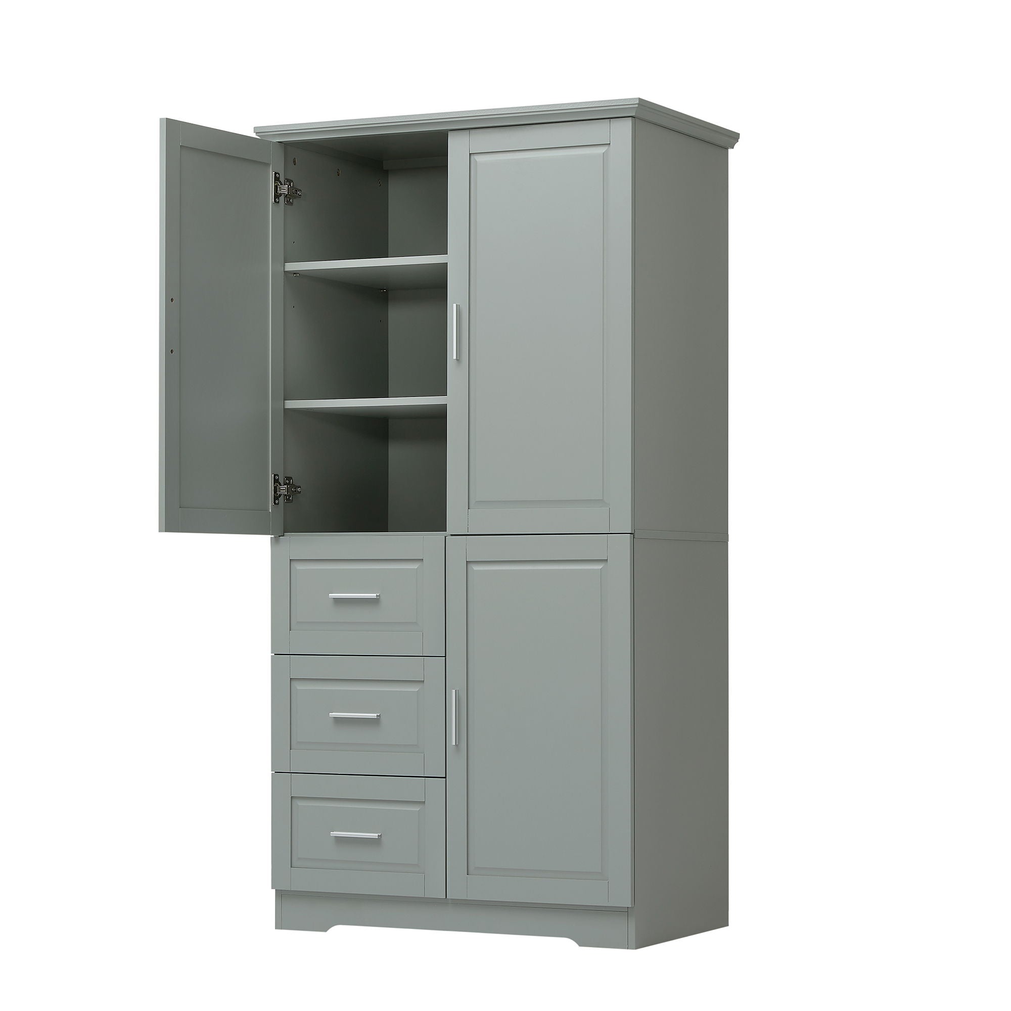 Tall And Wide Storage Cabinet With Doors For Bathroom Or Office, 3 Drawers - Gray