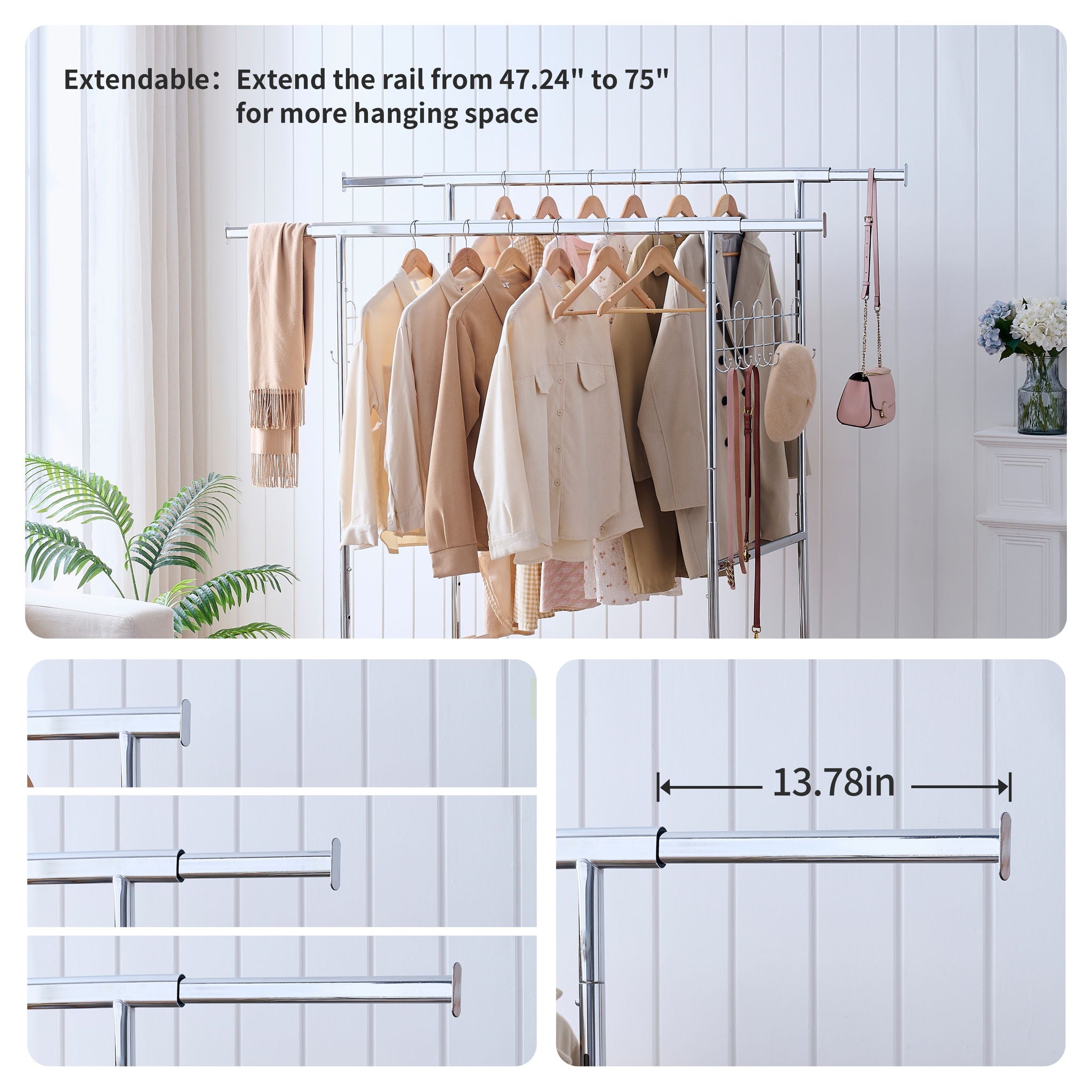 Heavy Duty Double Clothing Garment Rack With Shelves - Silver