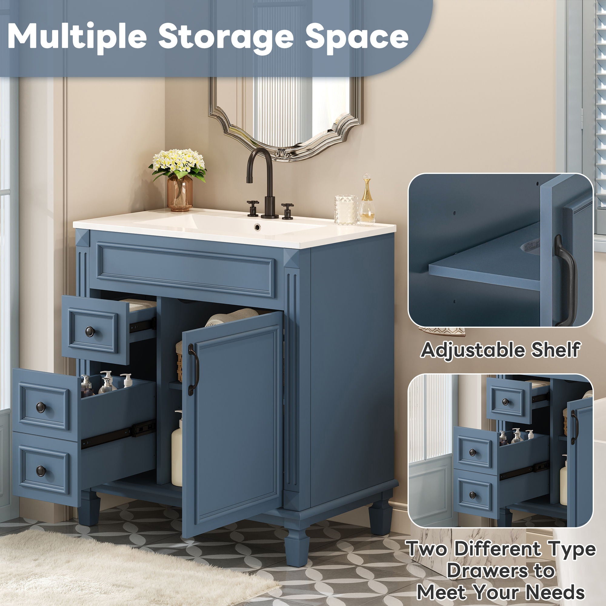 Bathroom Vanity With Sink, Cabinet With 2 Drawers And Adjustable Shelf