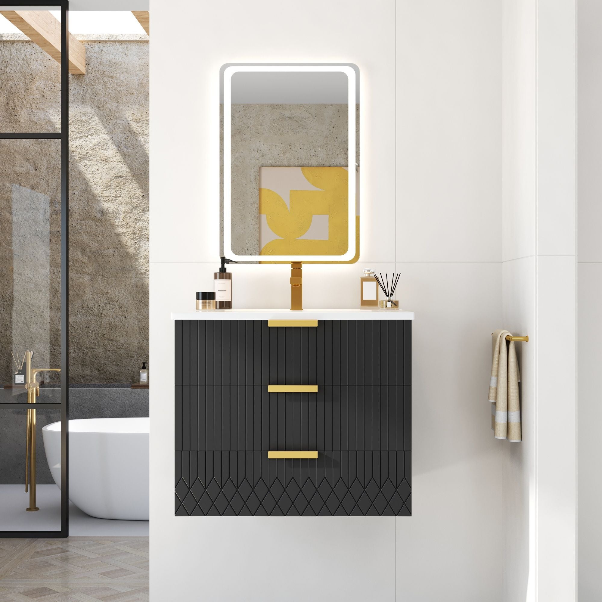 Wall Mounted Floating Cabinet With Double Drawer, Rectangular Sink