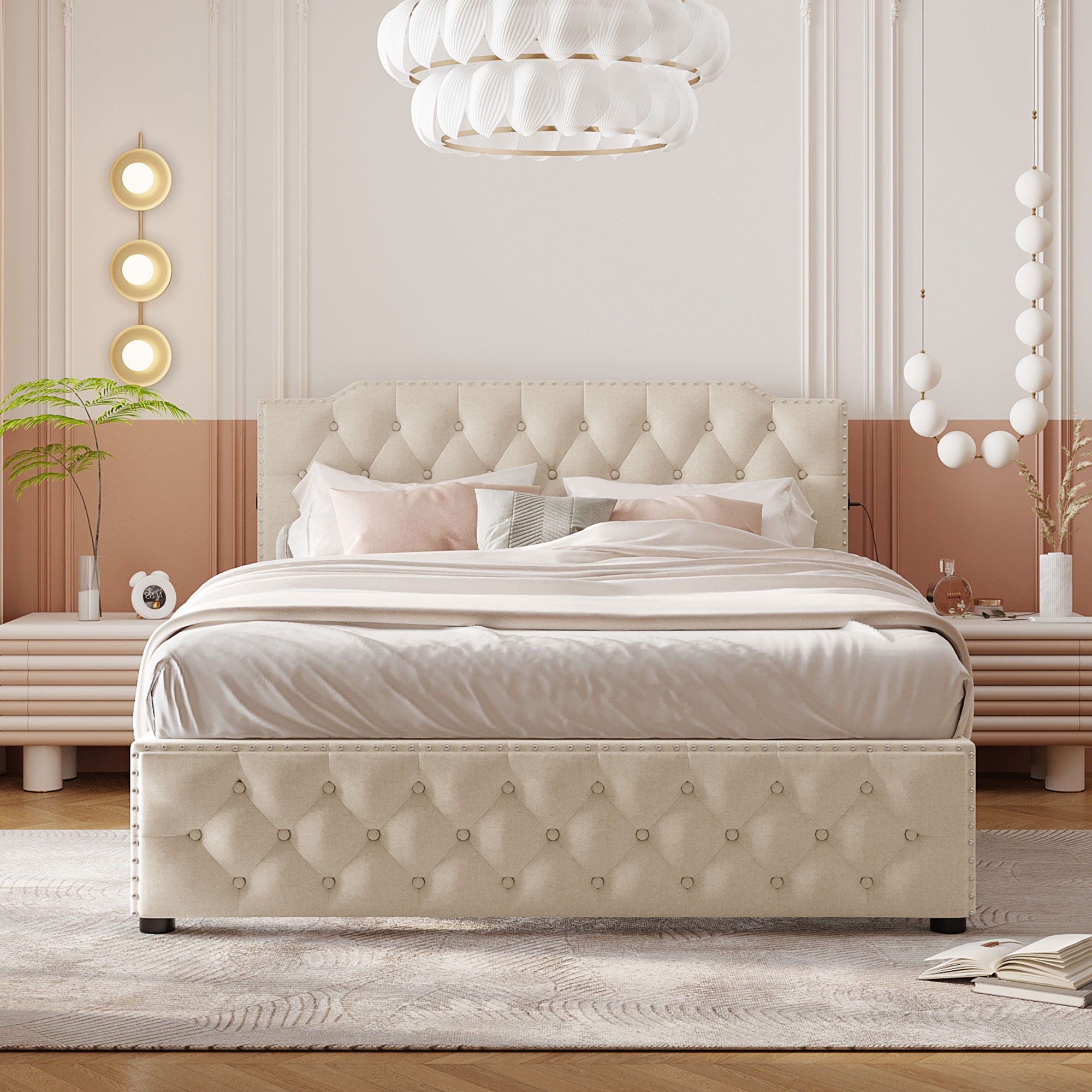 Upholstered Platform Bed With 2 Drawers And 2 Sets Of USB Ports On Each Side, Fabric