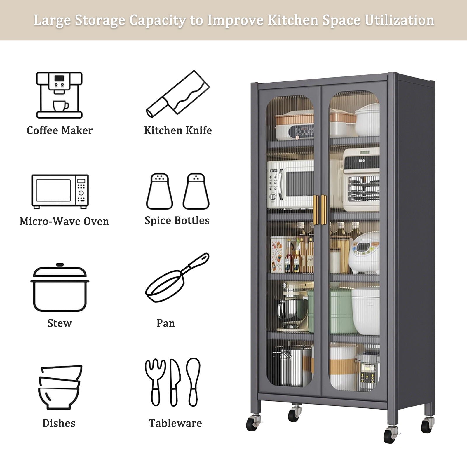 6 Tier Storage Cabinet With Transparent Door, Adjustable Shelves & Wheels