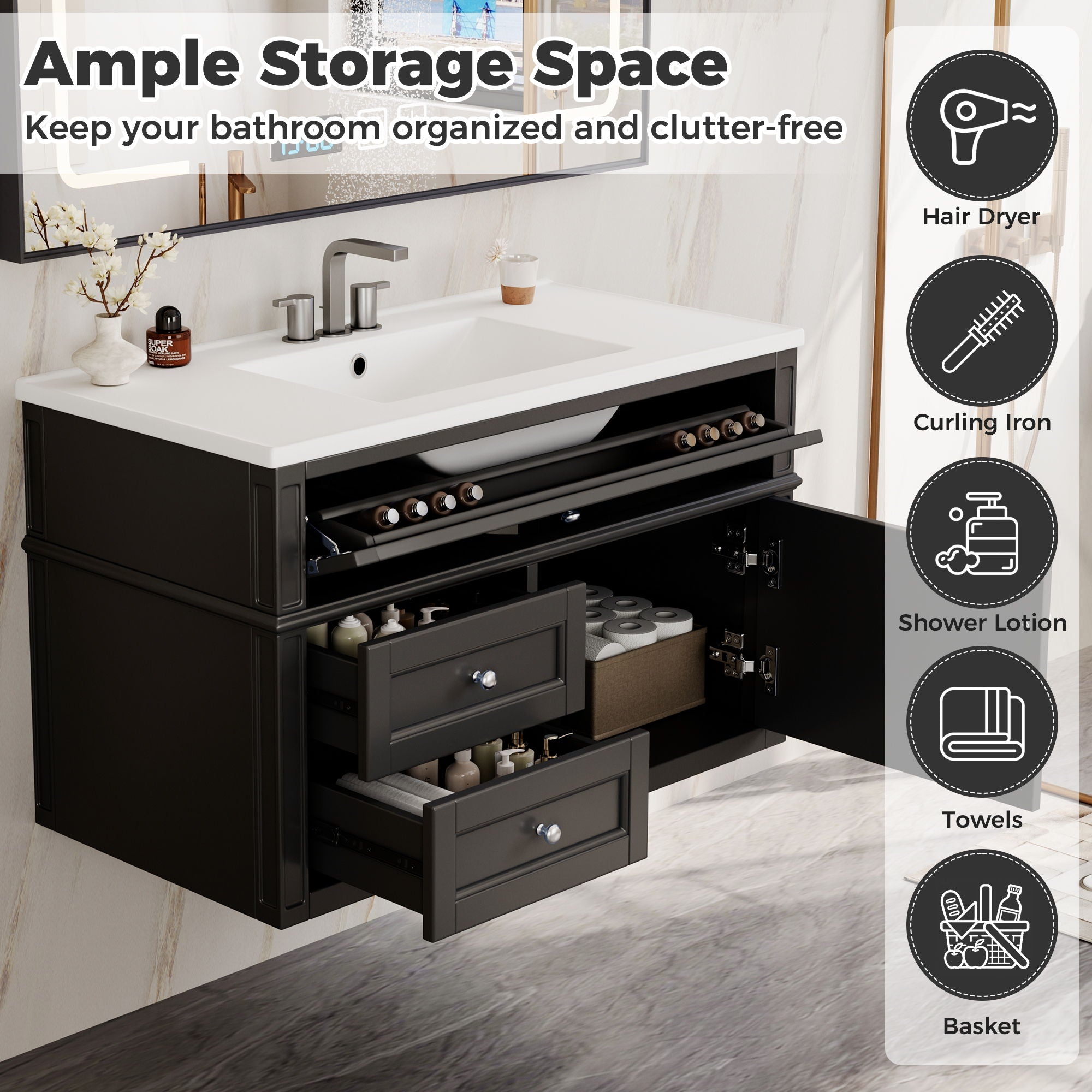 Modern Wall Mounted Floating Cabinet With Double Drawer And Sink