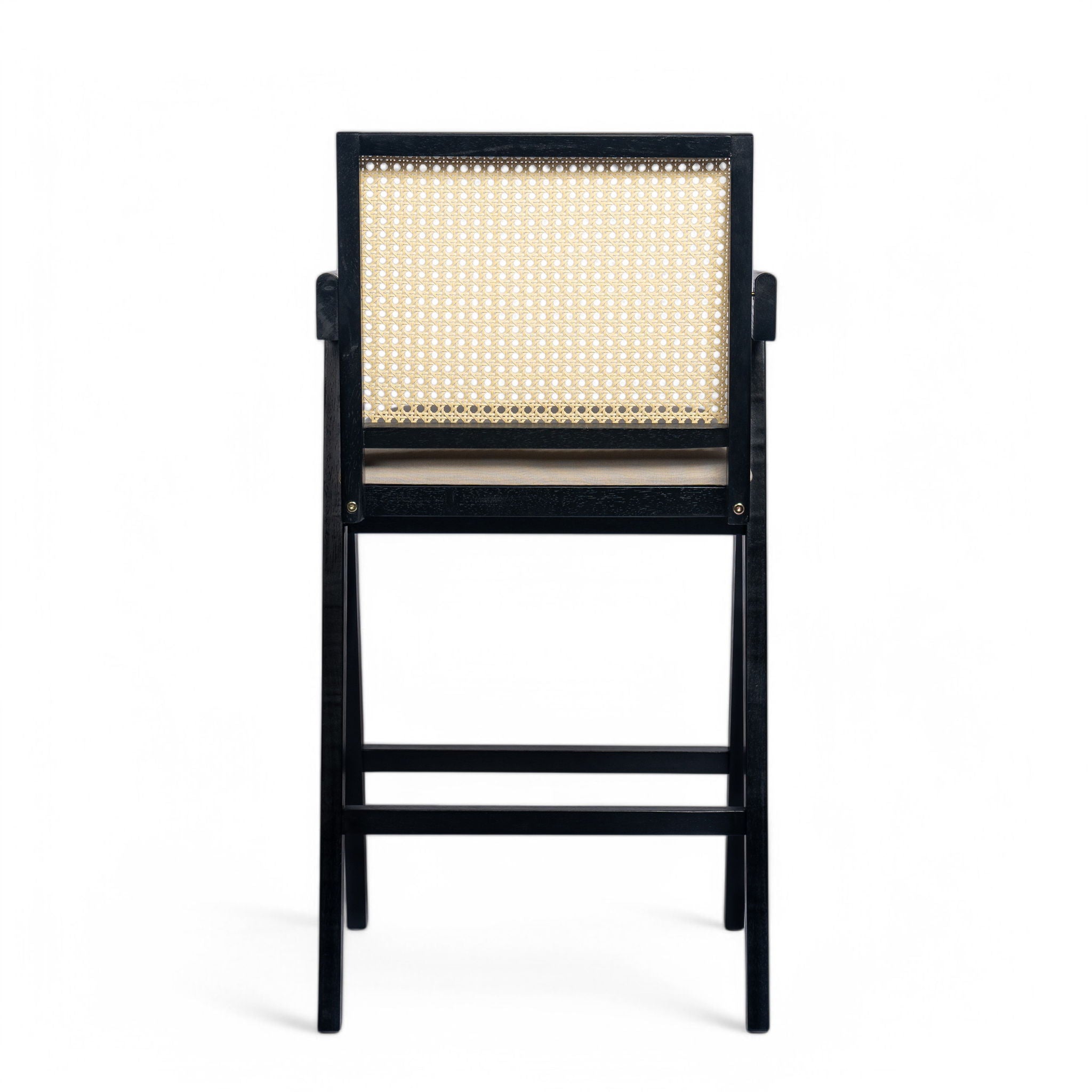Woven Cane Plastic Backrest Bar Stool Foam Padded Fabric Seat & Durable Rubberwood Frame - Cream Gray