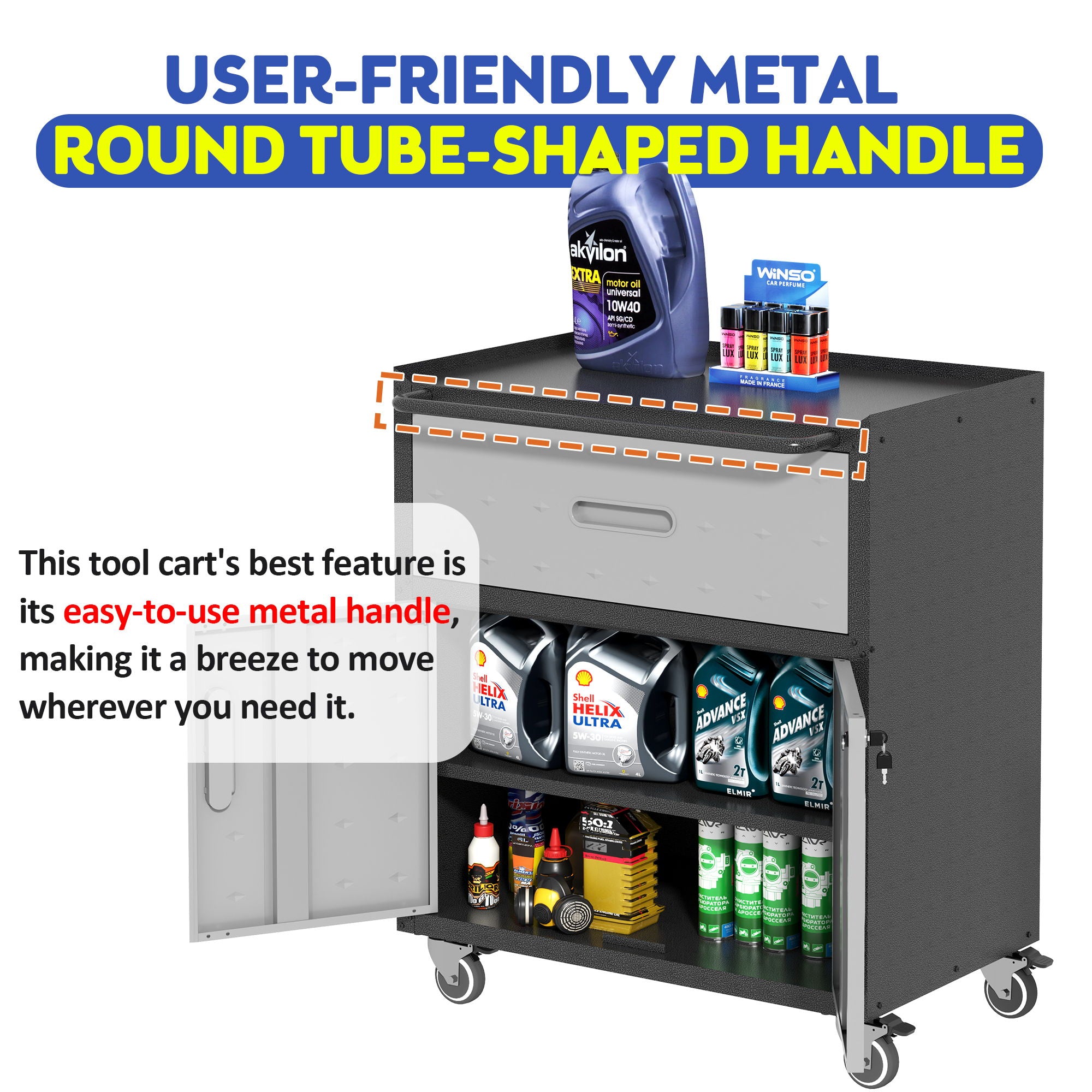 Sturdy And Durable Metal Tool Cabinet For Garage With Wheels Mobile Heavy Duty Storage Cabinet With 1 Drawer And 2 Locking Doors