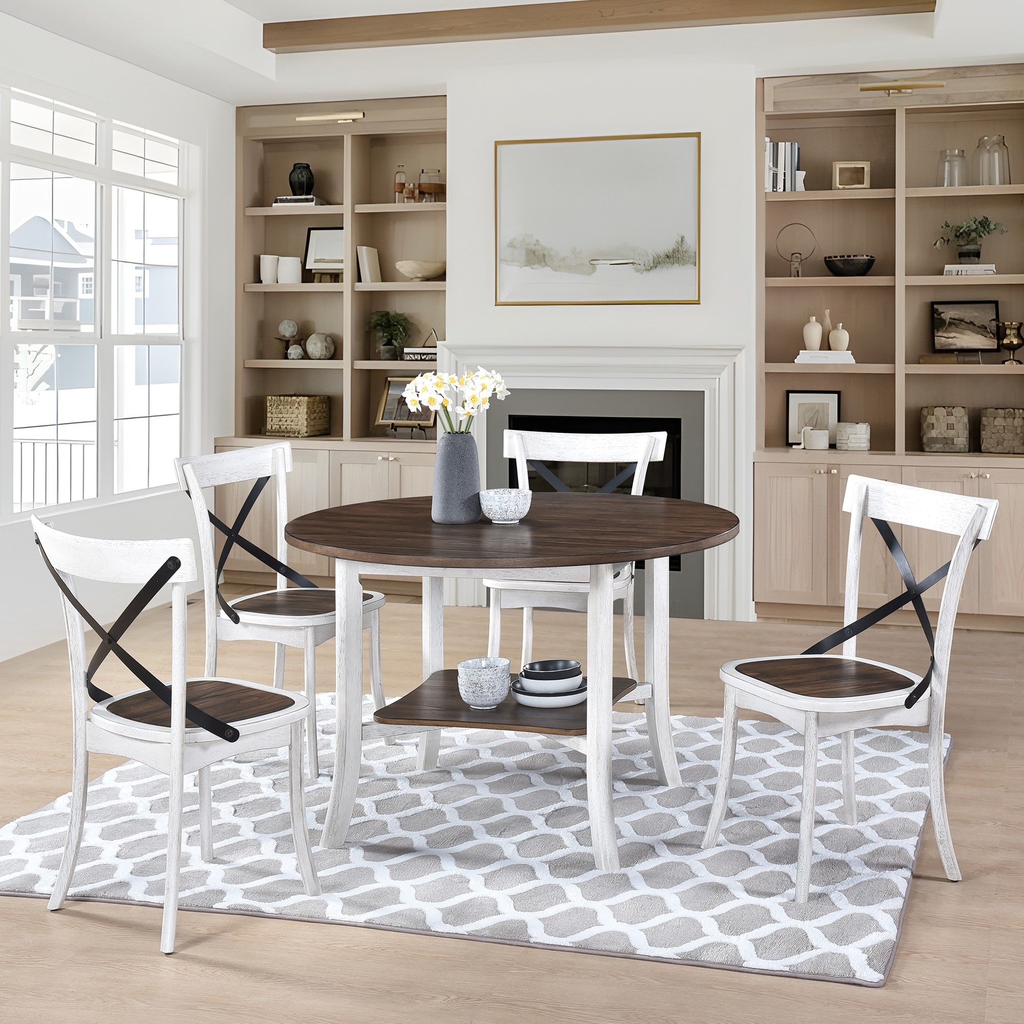 2 Pieces Set Dining Side Chair Rustic Modern Farmhouse Design Retro Design With Metal X Design - Antique Dark Oak / Antique White