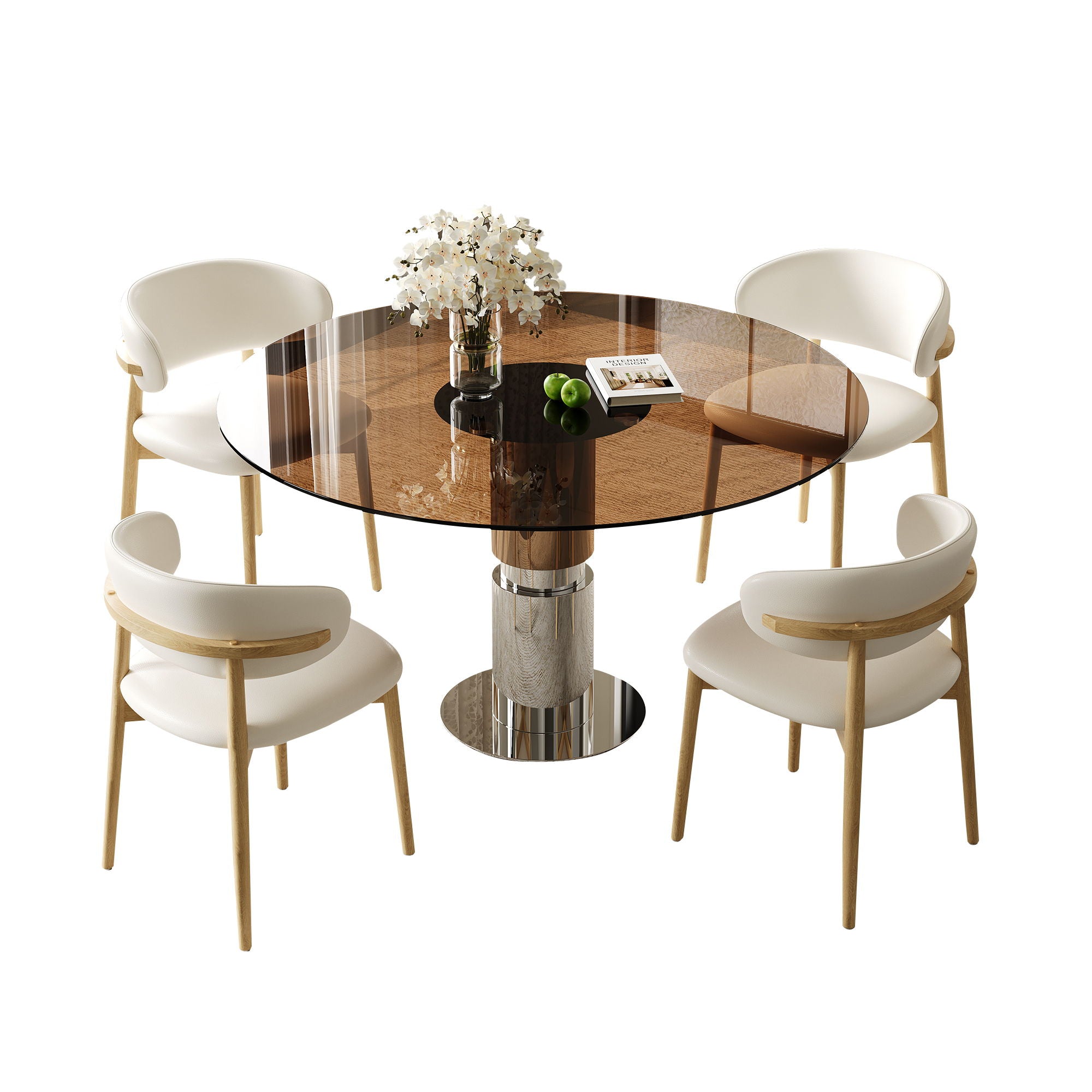 Round Dining Table With Tempered Glass Top - Brown