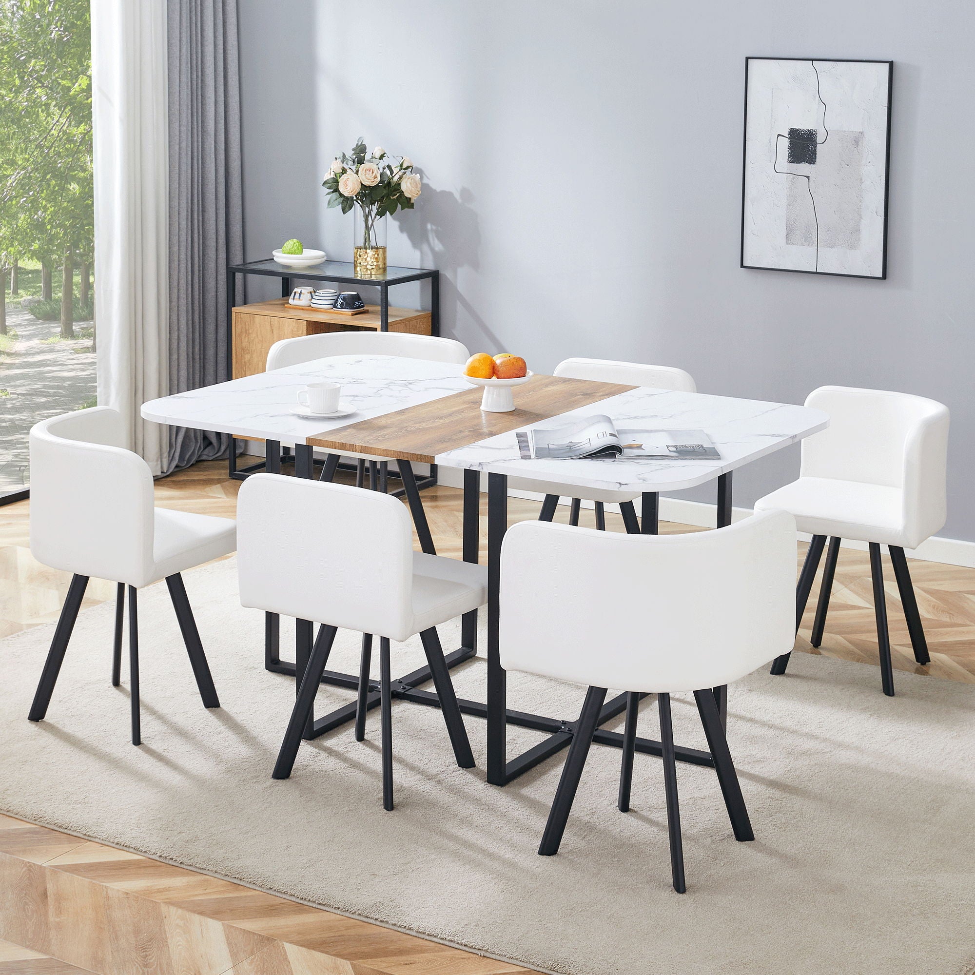 Modern Minimalist Marble Pattern Joinery Dining Table With Dining Chairs