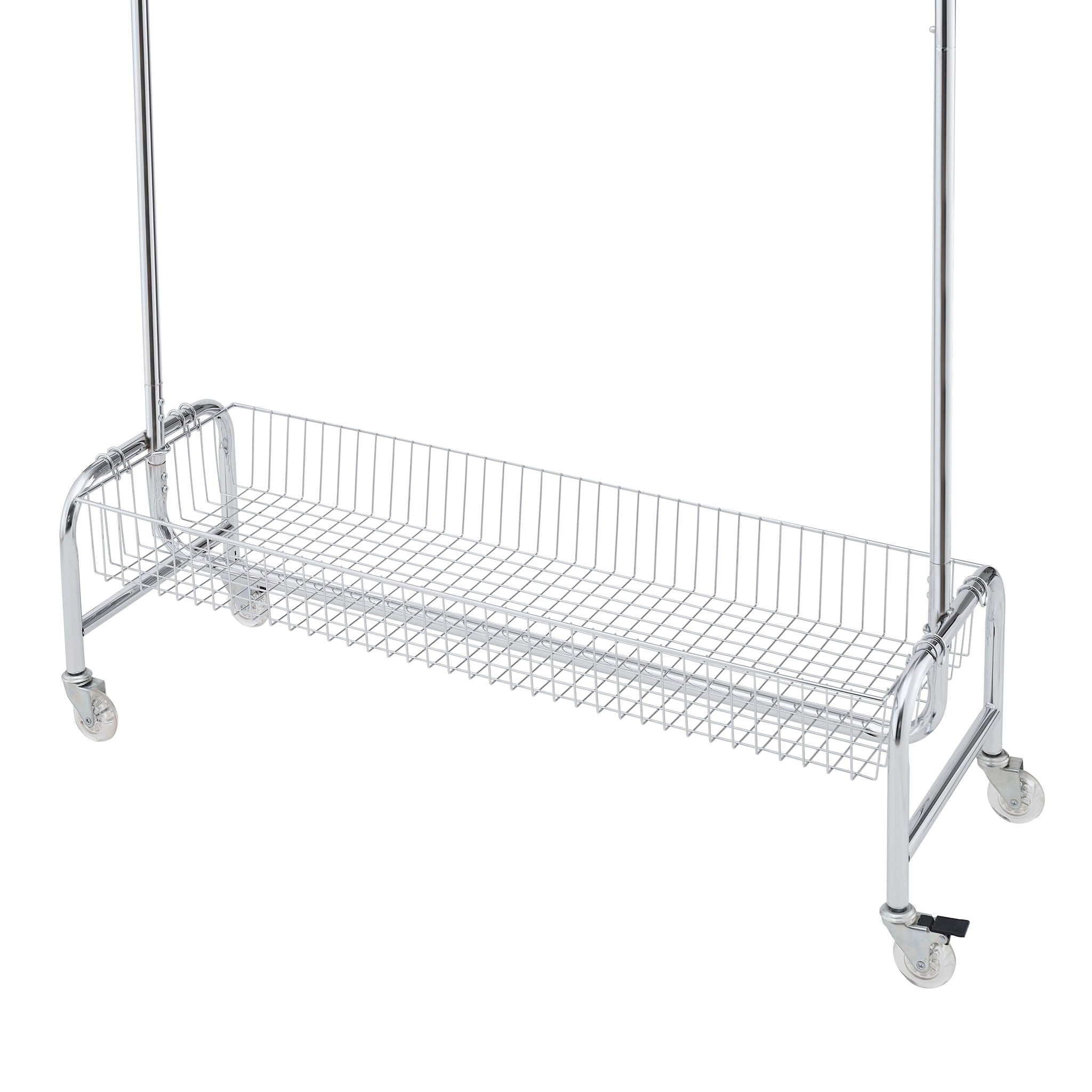 Heavy Duty Iron Garment Rack With Basket On Wheels - Silver