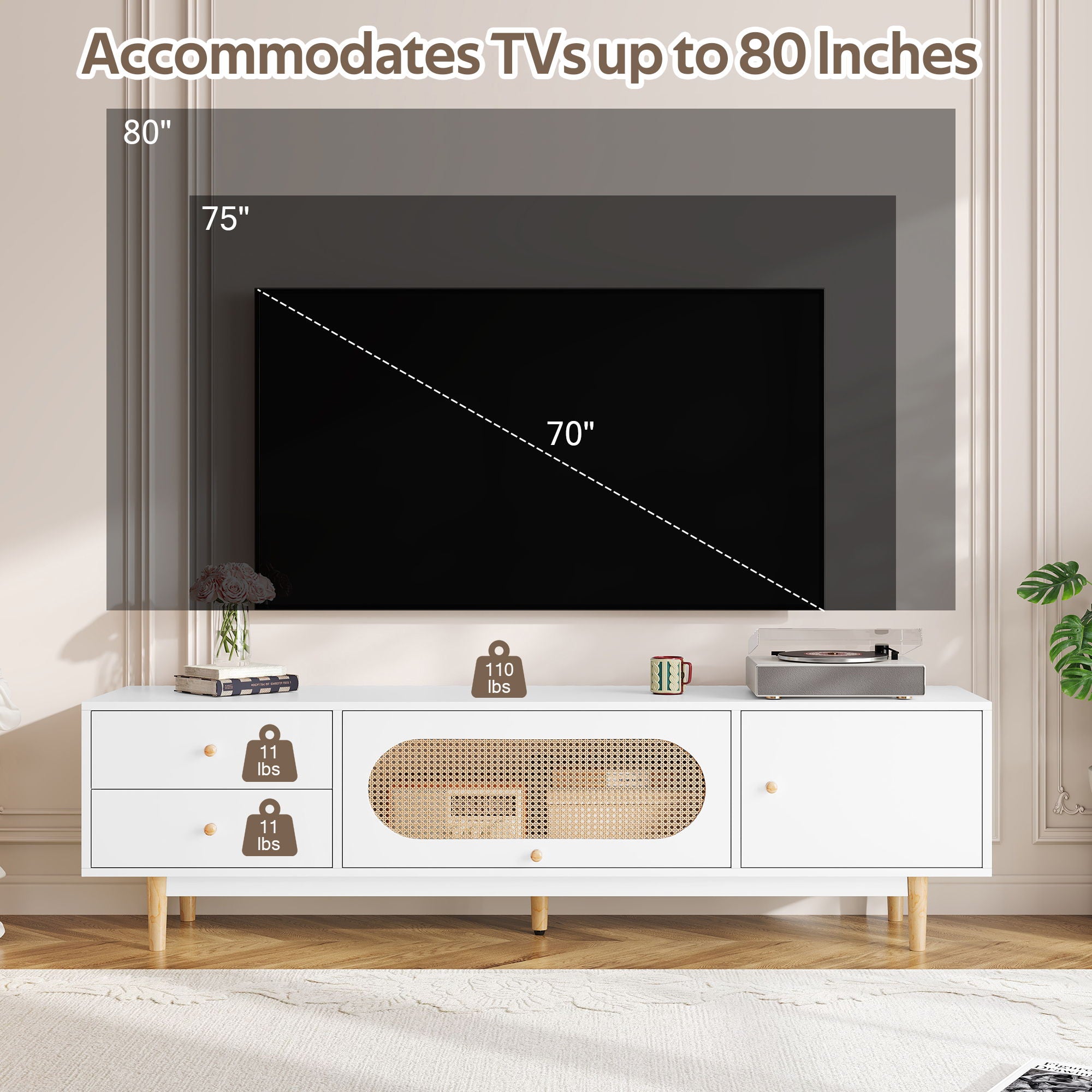 70" TV Stand With Drawers - White