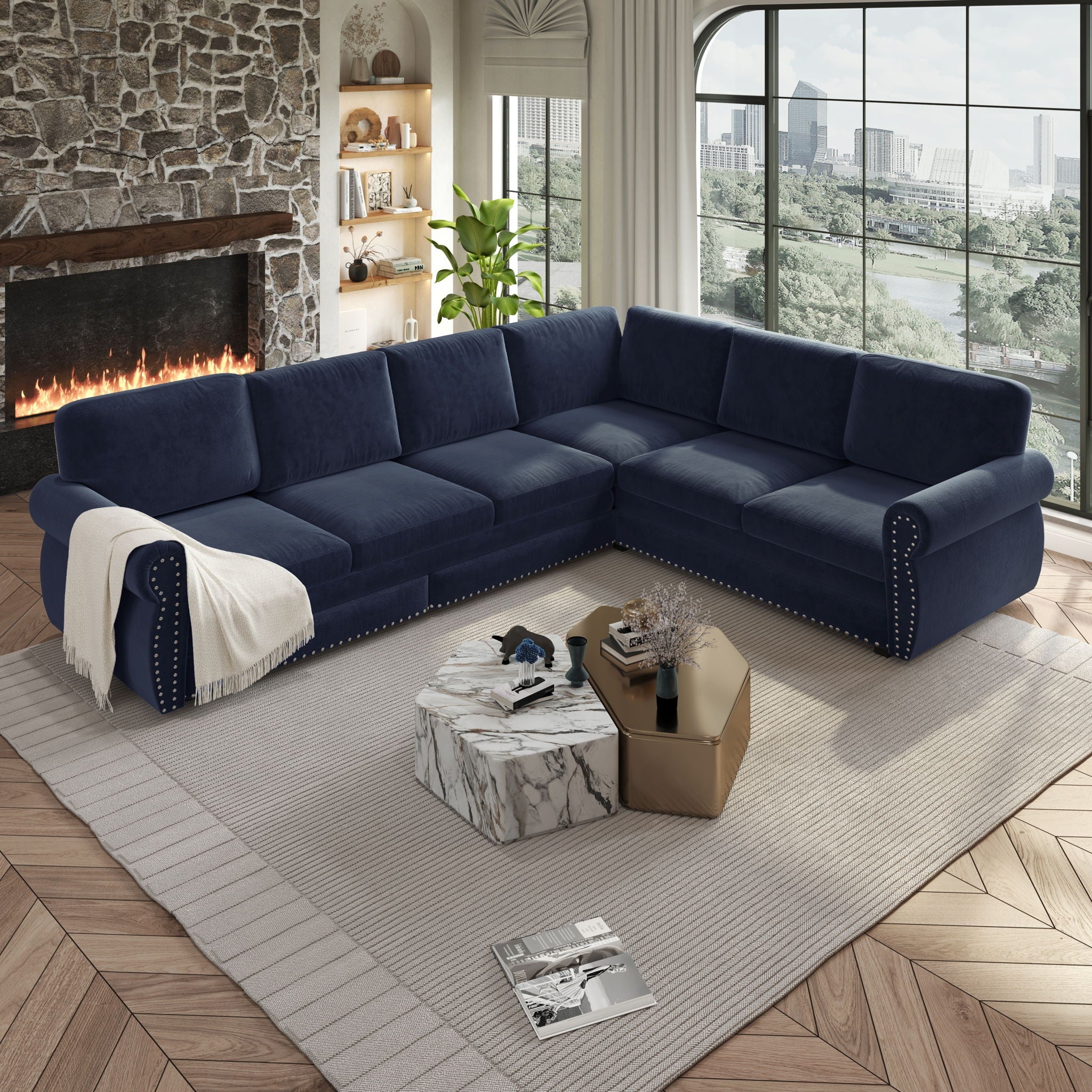 L-Shaped Sofa Couch With Pull Out Bed With Nailhead Trim & Rolled Arm