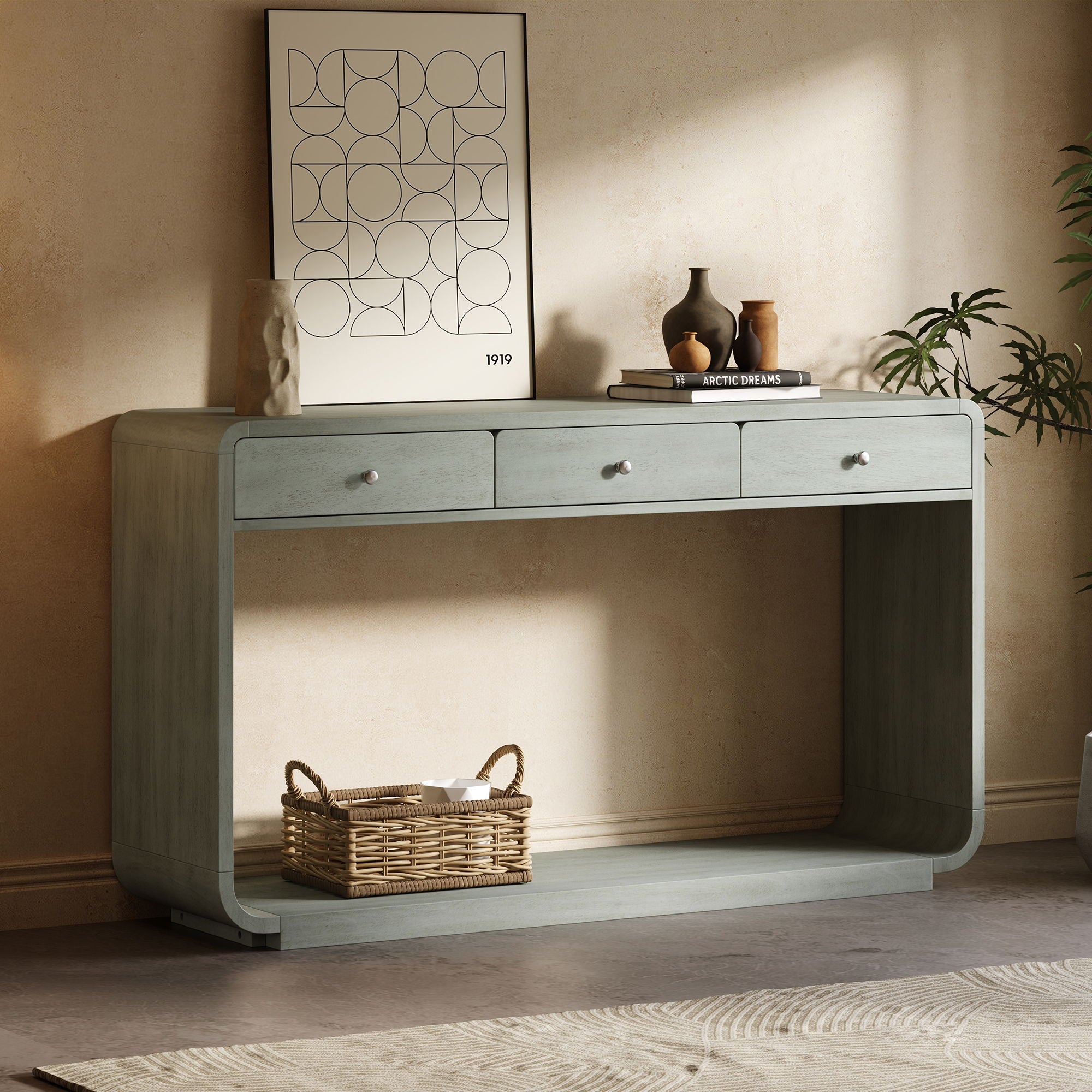 onsole Table With 3 Drawers And Display Shelf