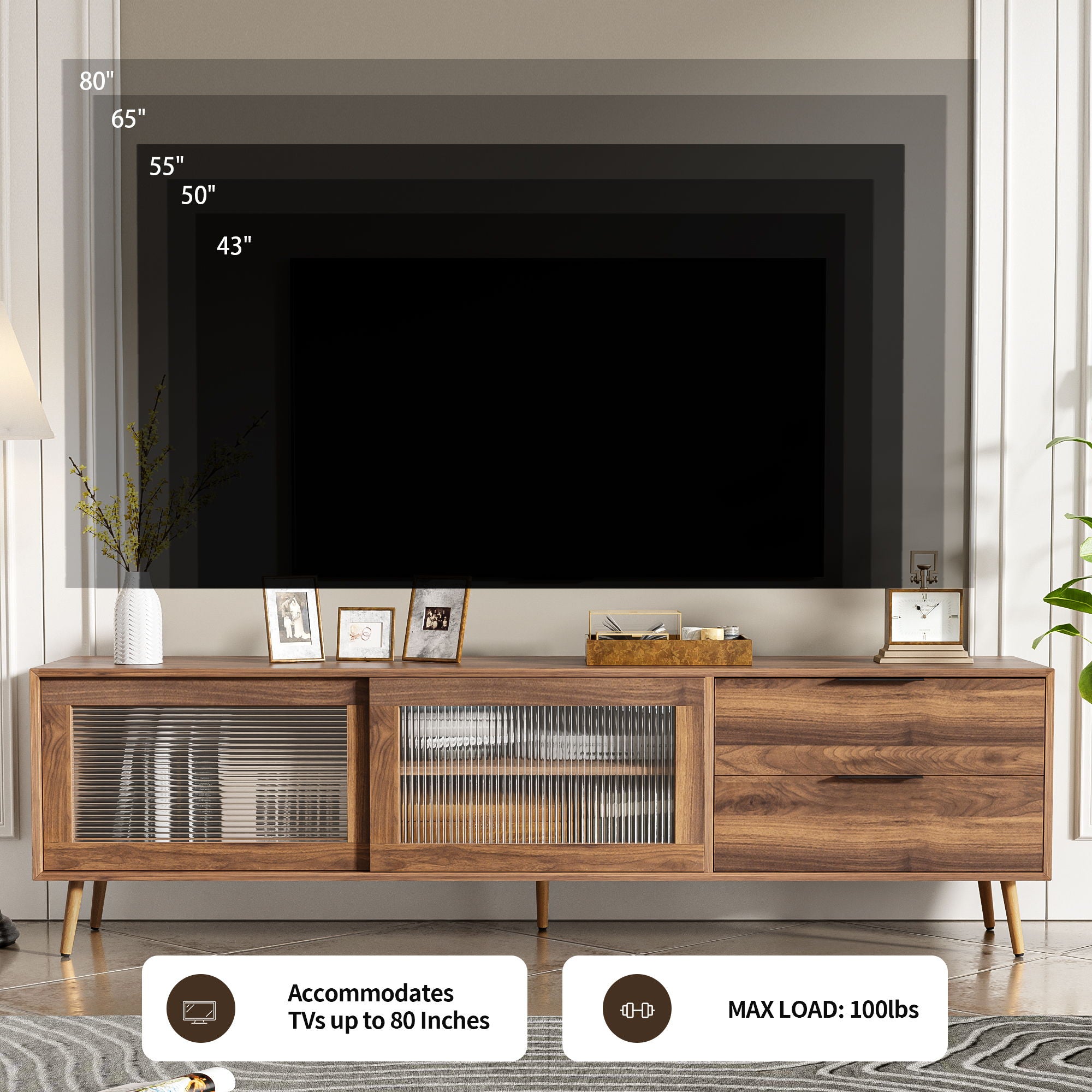 TV Stand, Media Console With 2 Doors, 2 Drawers & Storage Cabinet - Walnut