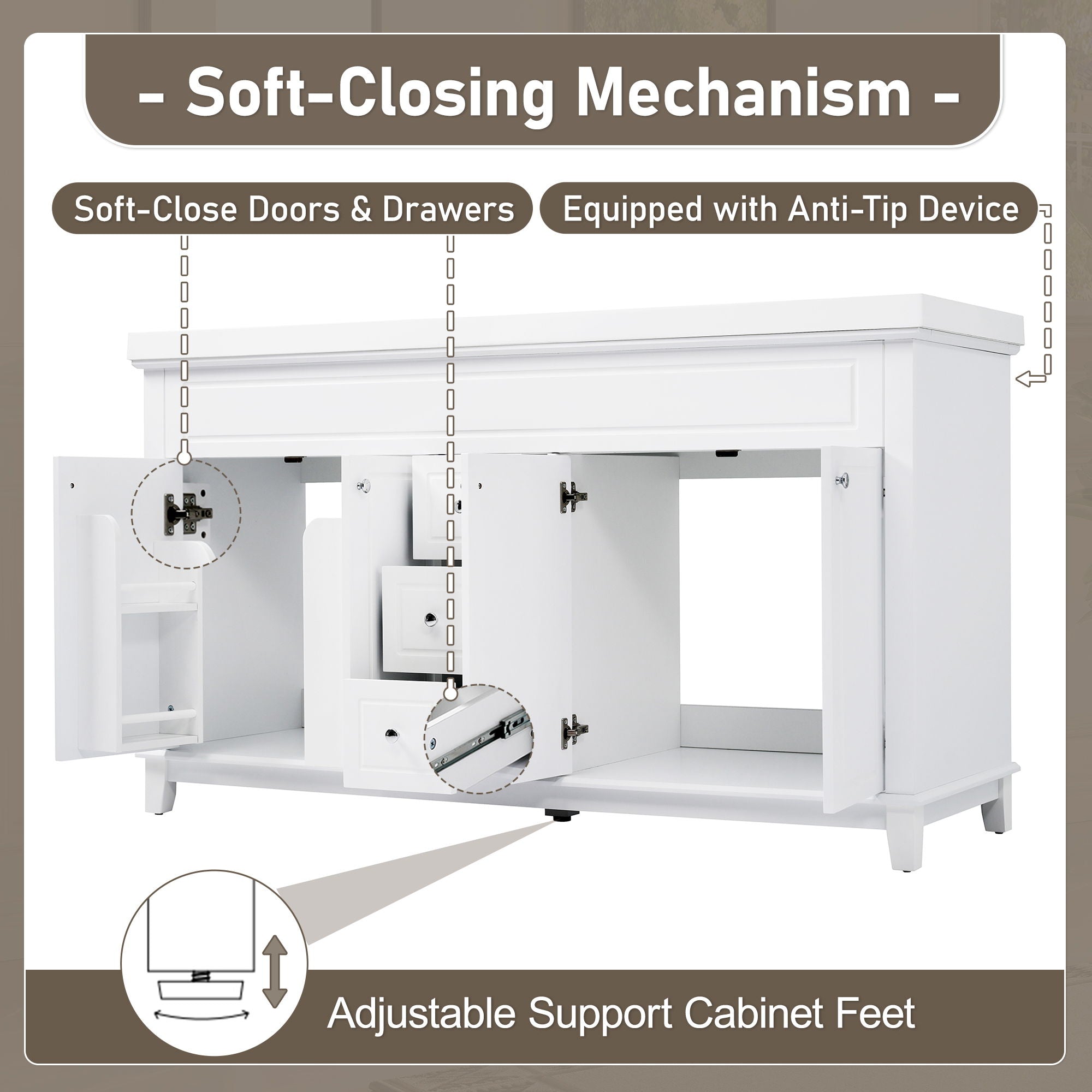 Bathroom Vanity Cabinet Only, 3 Drawers & 4 Doors & Double Layer Shelves - White