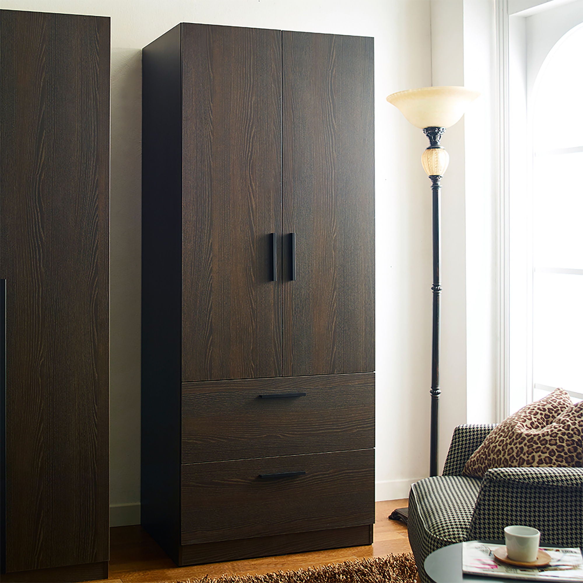 Brook - 2 Door Closet With 2 Drawers And Hanging Bars - Dark Brown